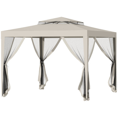 Garden Gazebo Canopy 3L x 3W m with 4 Removable Mosquito Nets - Double Roof - Beige