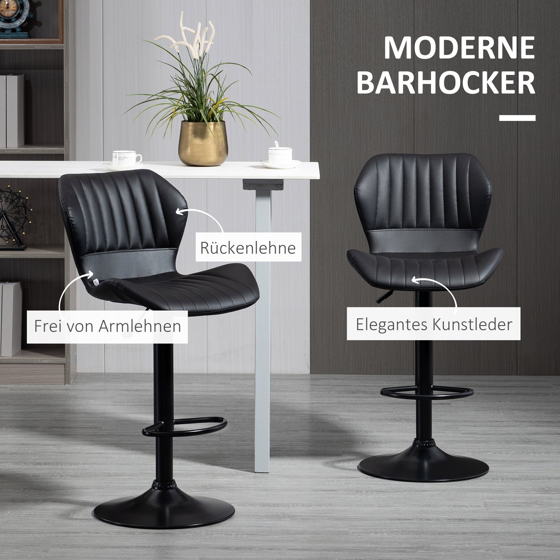 Set of 2 Bar Stools 360° Rotatable Bar Chairs Adjustable Height Bistro Stools with Backrest Swivel Chairs for Bar Counter Kitchen and Dining Room Modern Design Faux Leather Black 48.5 x 55.5 x 90-110 cm