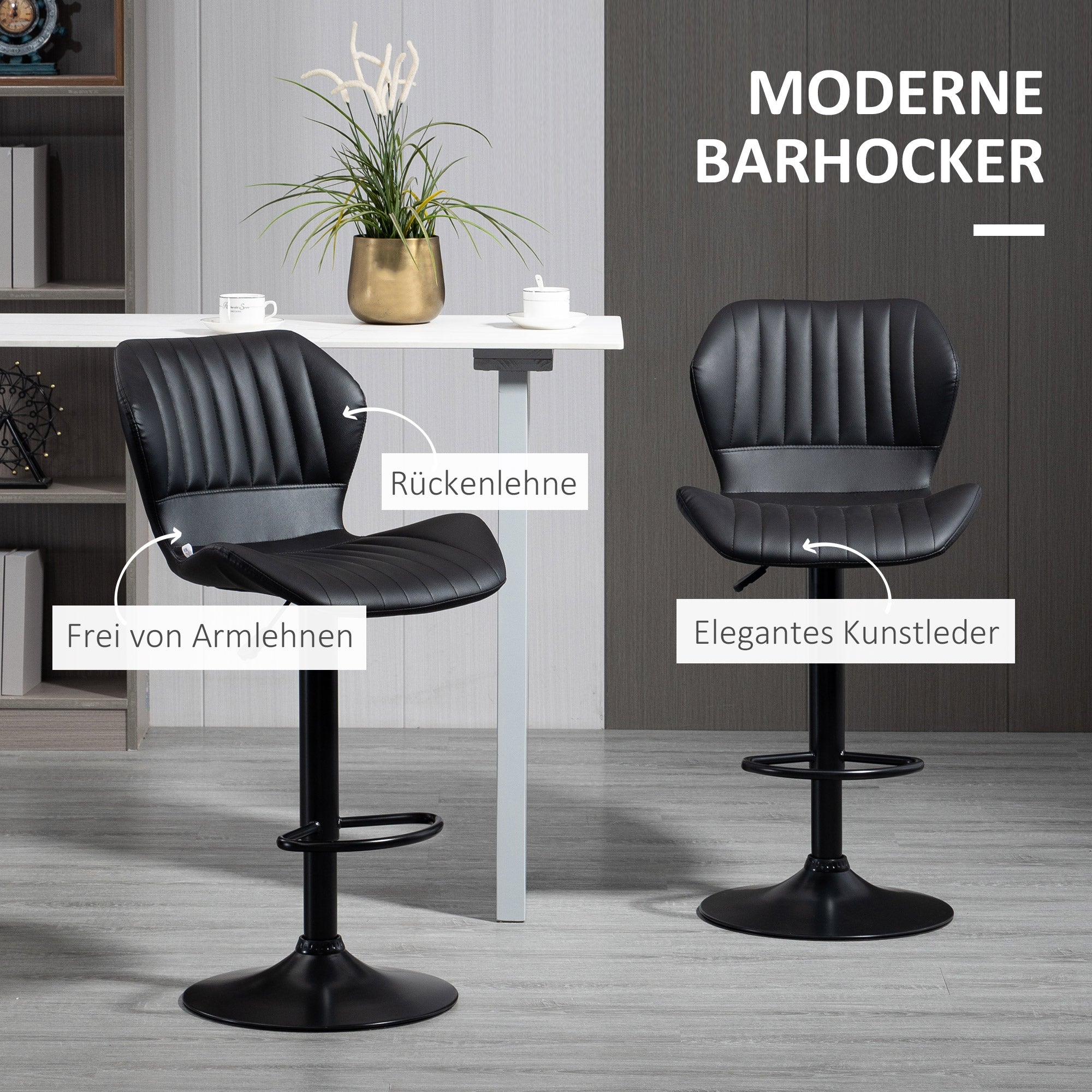 Set of 2 Bar Stools 360° Rotatable Bar Chairs Adjustable Height Bistro Stools with Backrest Swivel Chairs for Bar Counter Kitchen and Dining Room Modern Design Faux Leather Black 48.5 x 55.5 x 90-110 cm