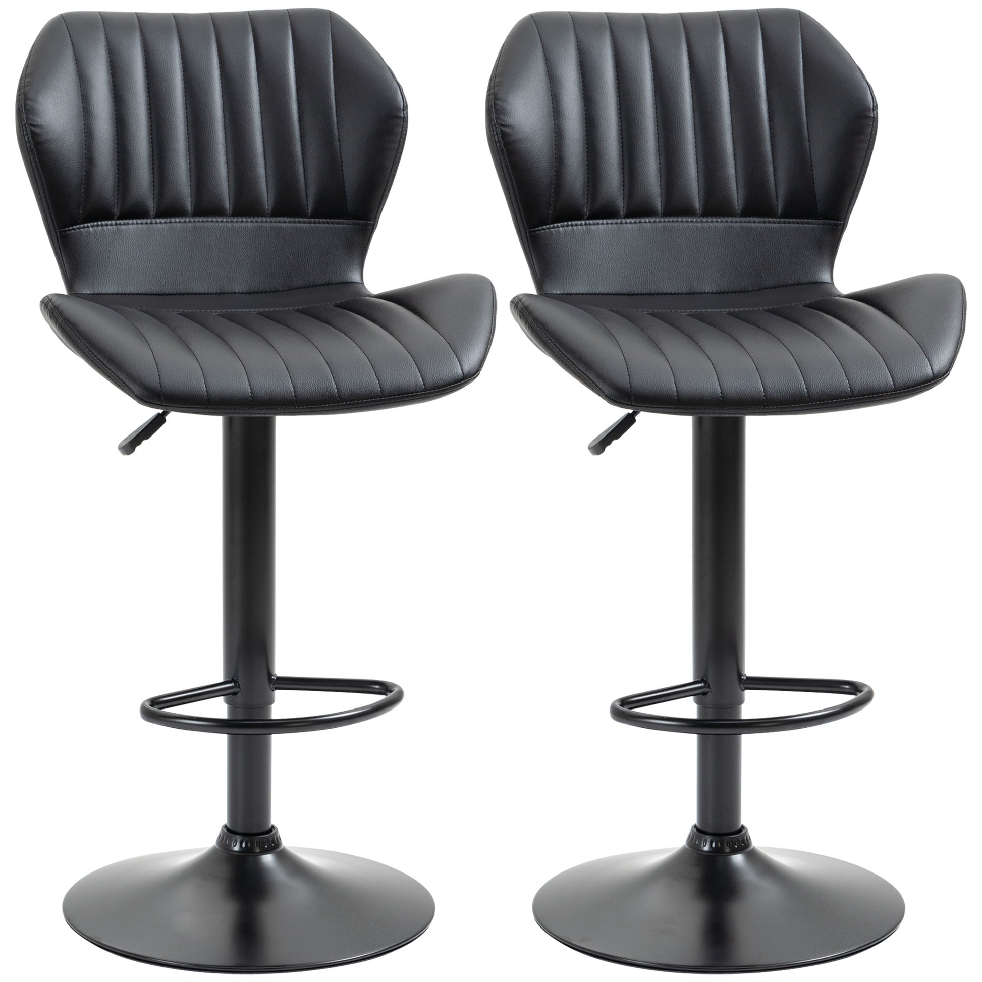Set of 2 Bar Stools 360° Rotatable Bar Chairs Adjustable Height Bistro Stools with Backrest Swivel Chairs for Bar Counter Kitchen and Dining Room Modern Design Faux Leather Black 48.5 x 55.5 x 90-110 cm