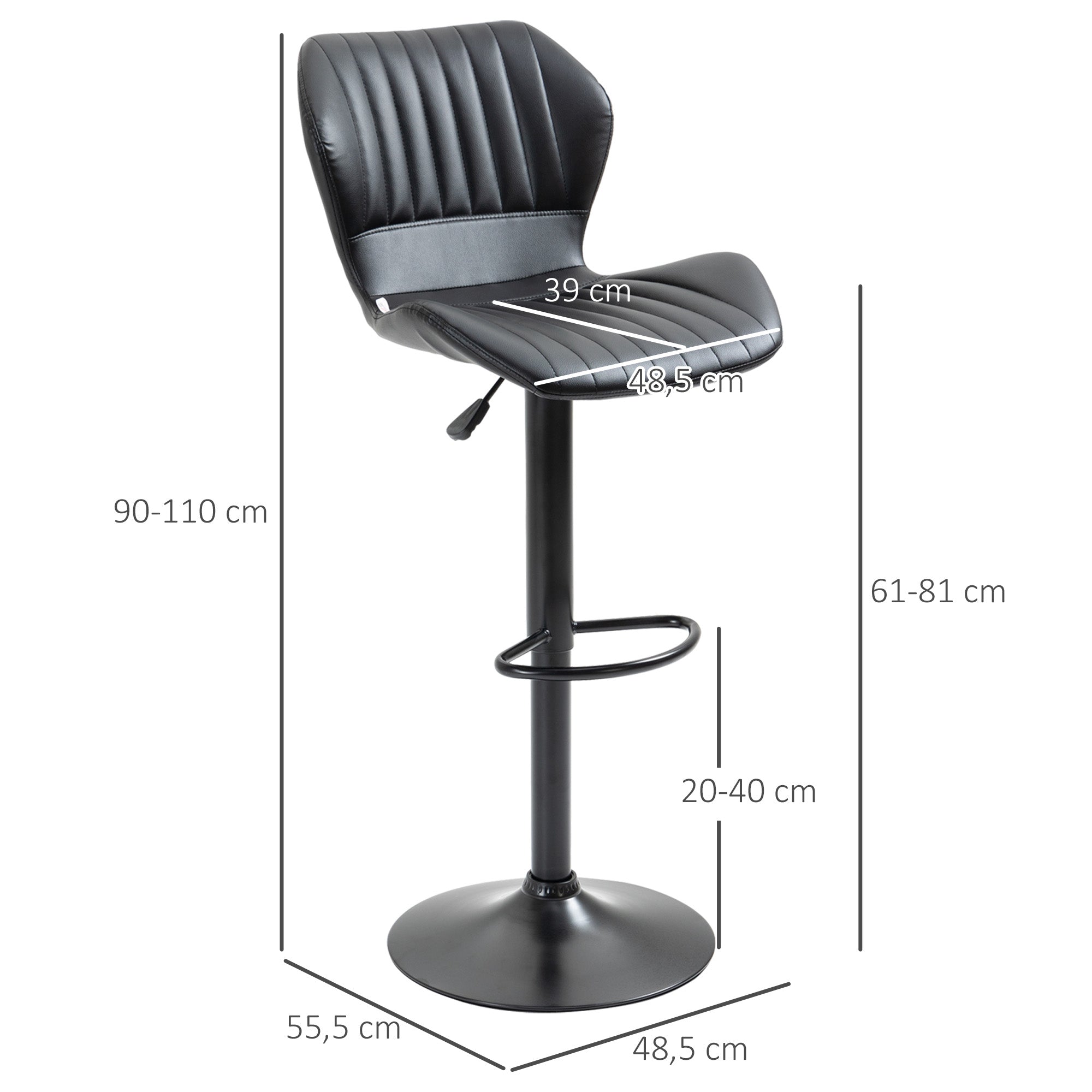 Set of 2 Bar Stools 360° Rotatable Bar Chairs Adjustable Height Bistro Stools with Backrest Swivel Chairs for Bar Counter Kitchen and Dining Room Modern Design Faux Leather Black 48.5 x 55.5 x 90-110 cm