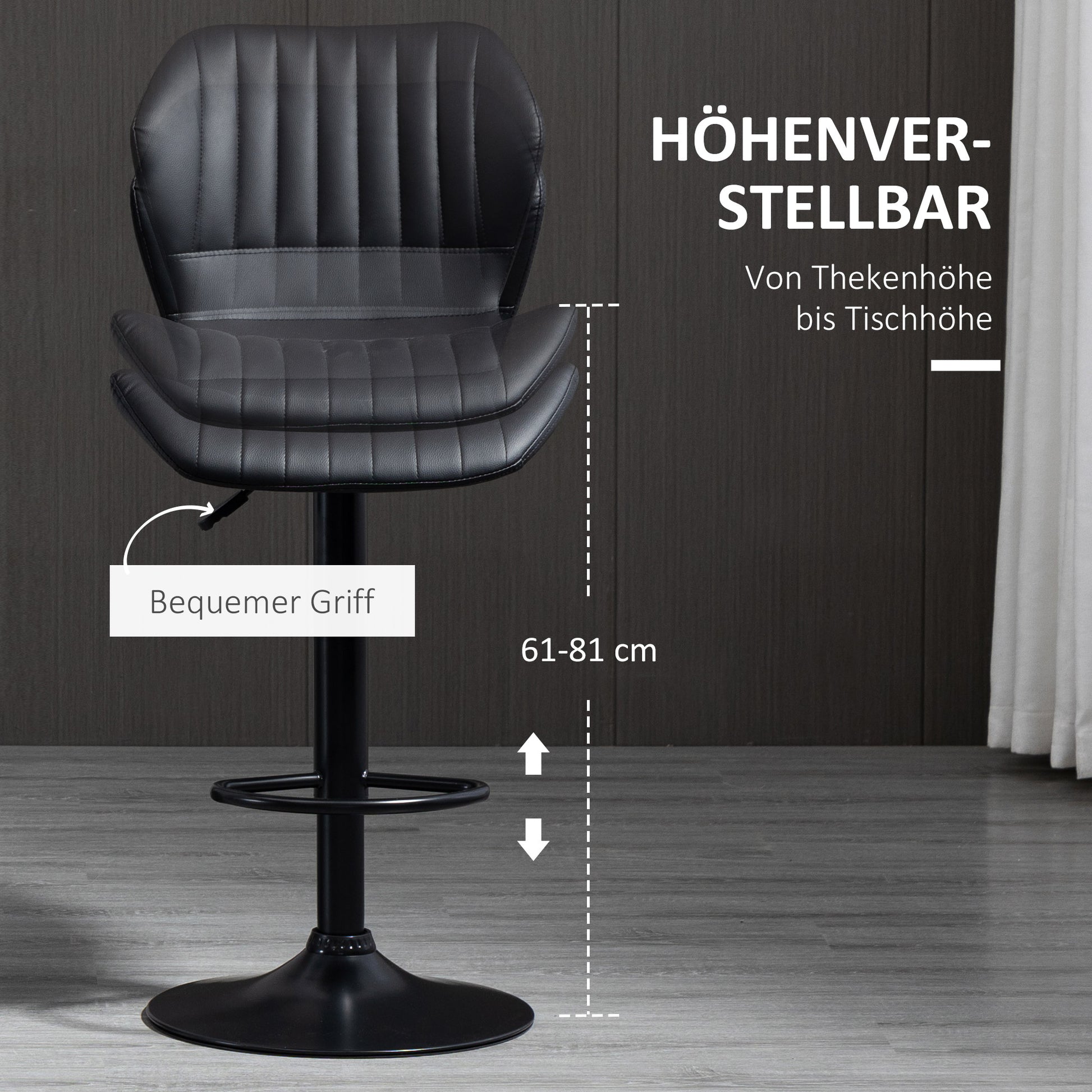 Set of 2 Bar Stools 360° Rotatable Bar Chairs Adjustable Height Bistro Stools with Backrest Swivel Chairs for Bar Counter Kitchen and Dining Room Modern Design Faux Leather Black 48.5 x 55.5 x 90-110 cm