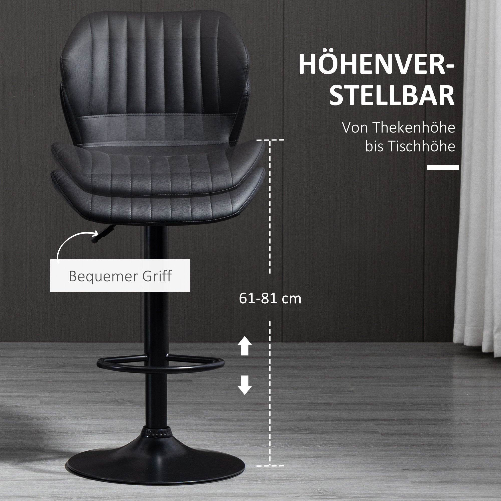 Set of 2 Bar Stools 360° Rotatable Bar Chairs Adjustable Height Bistro Stools with Backrest Swivel Chairs for Bar Counter Kitchen and Dining Room Modern Design Faux Leather Black 48.5 x 55.5 x 90-110 cm