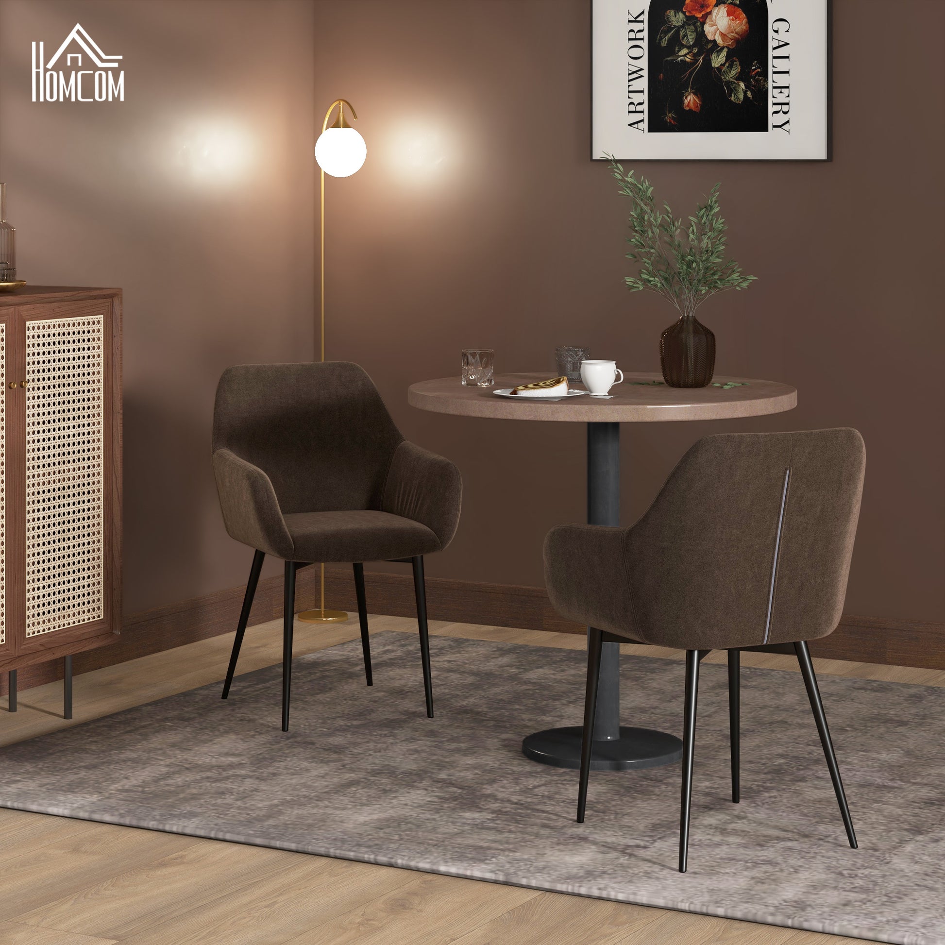 Set of 2 Upholstered Nordic Style Dining Chairs, Fabric Kitchen Chairs, Armchair with Armrests and Steel Legs for Living Room, 54x57x80 cm, Brown