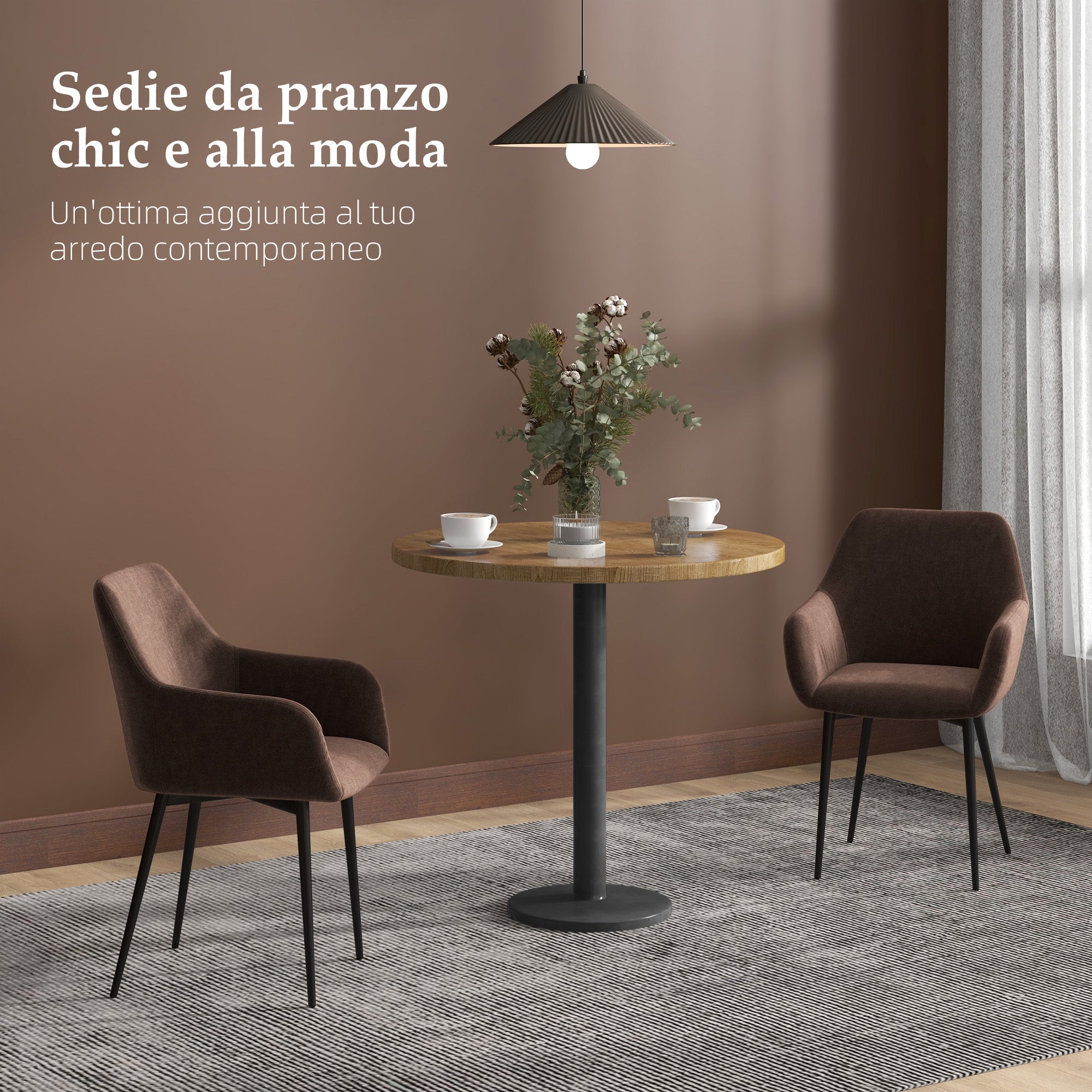 Set of 2 Upholstered Nordic Style Dining Chairs, Fabric Kitchen Chairs, Armchair with Armrests and Steel Legs for Living Room, 54x57x80 cm, Brown