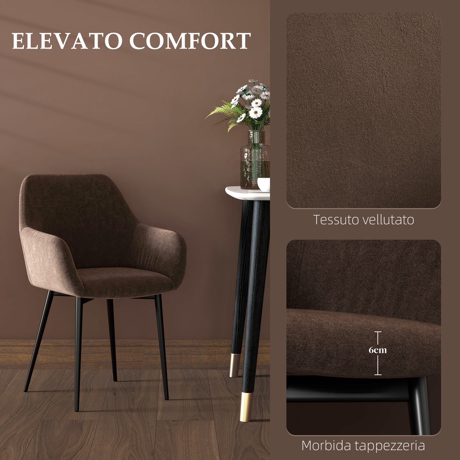 Set of 2 Upholstered Nordic Style Dining Chairs, Fabric Kitchen Chairs, Armchair with Armrests and Steel Legs for Living Room, 54x57x80 cm, Brown