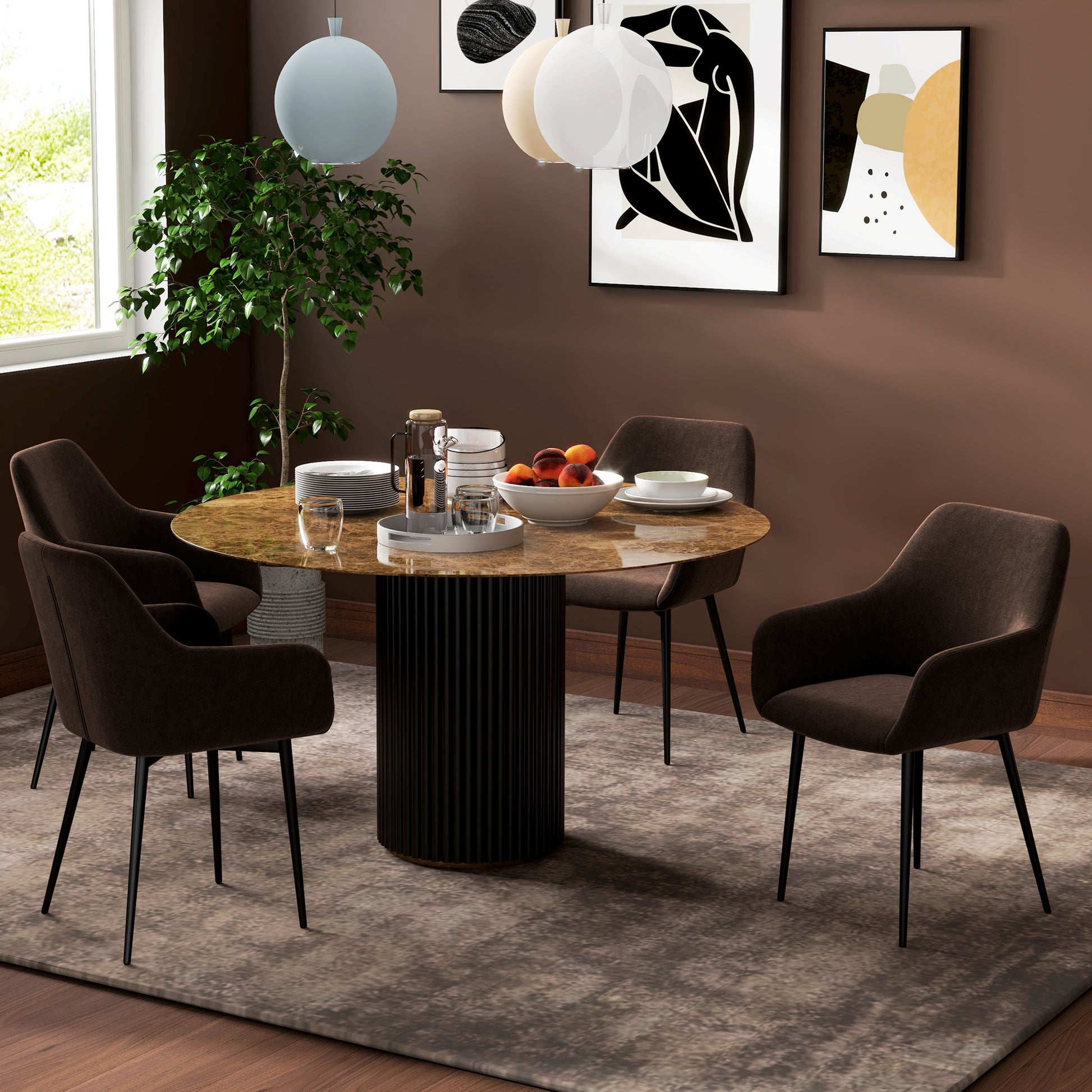 Set of 2 Upholstered Nordic Style Dining Chairs, Fabric Kitchen Chairs, Armchair with Armrests and Steel Legs for Living Room, 54x57x80 cm, Brown