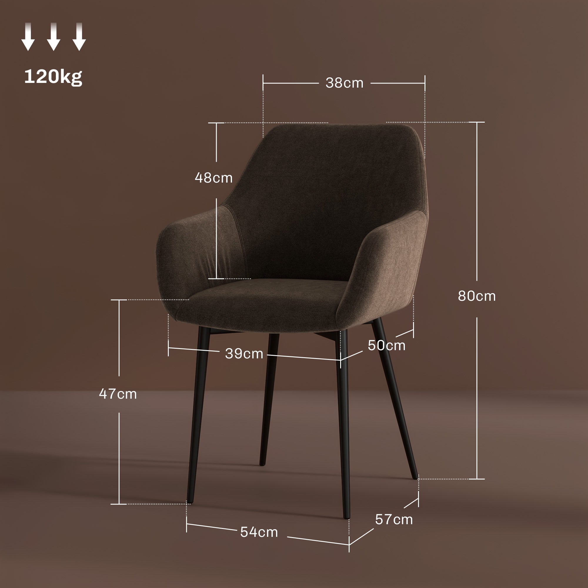 Set of 2 Upholstered Nordic Style Dining Chairs, Fabric Kitchen Chairs, Armchair with Armrests and Steel Legs for Living Room, 54x57x80 cm, Brown