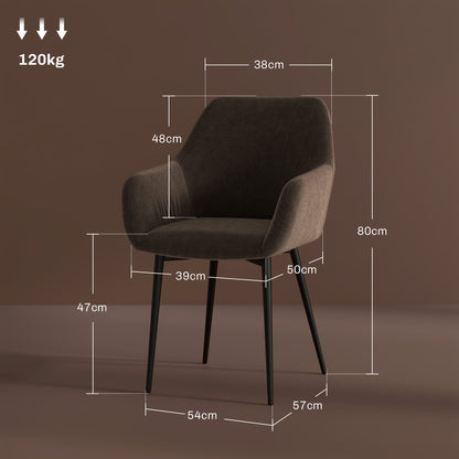 Set of 2 Upholstered Nordic Style Dining Chairs, Fabric Kitchen Chairs, Armchair with Armrests and Steel Legs for Living Room, 54x57x80 cm, Brown