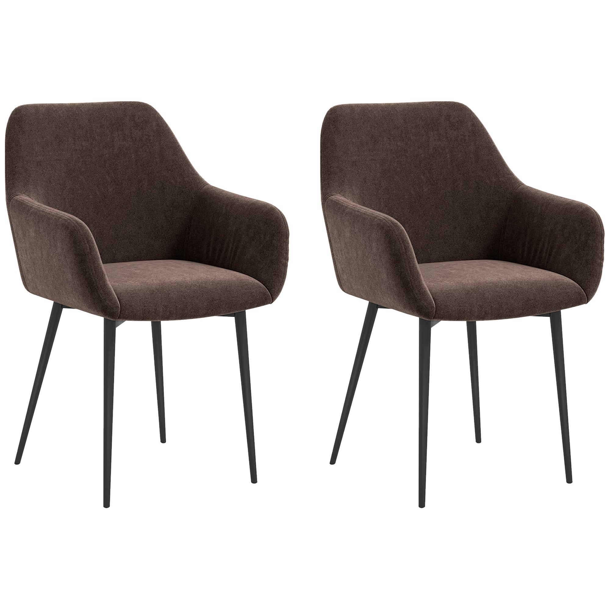 Set of 2 Upholstered Nordic Style Dining Chairs, Fabric Kitchen Chairs, Armchair with Armrests and Steel Legs for Living Room, 54x57x80 cm, Brown