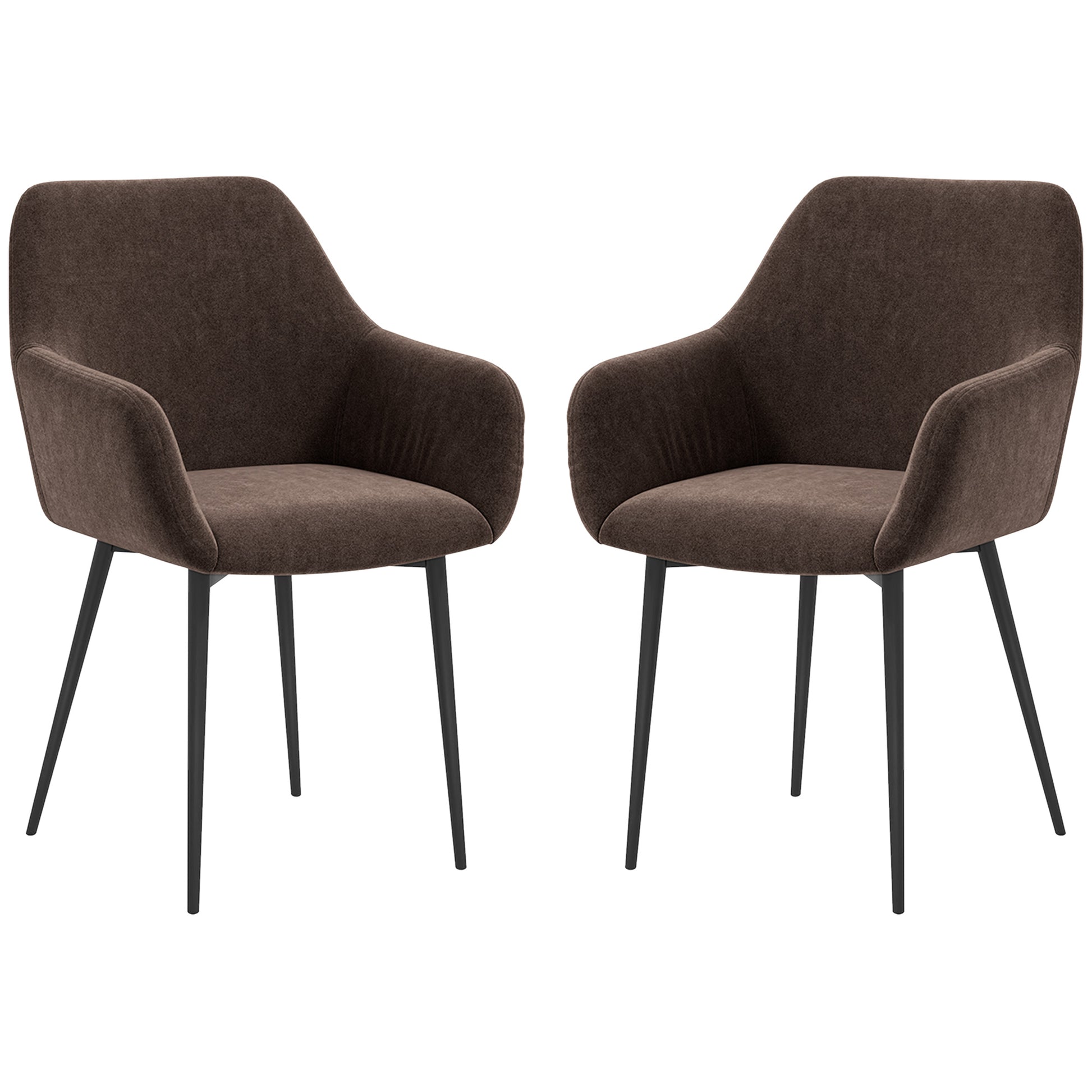 Set of 2 Upholstered Nordic Style Dining Chairs, Fabric Kitchen Chairs, Armchair with Armrests and Steel Legs for Living Room, 54x57x80 cm, Brown