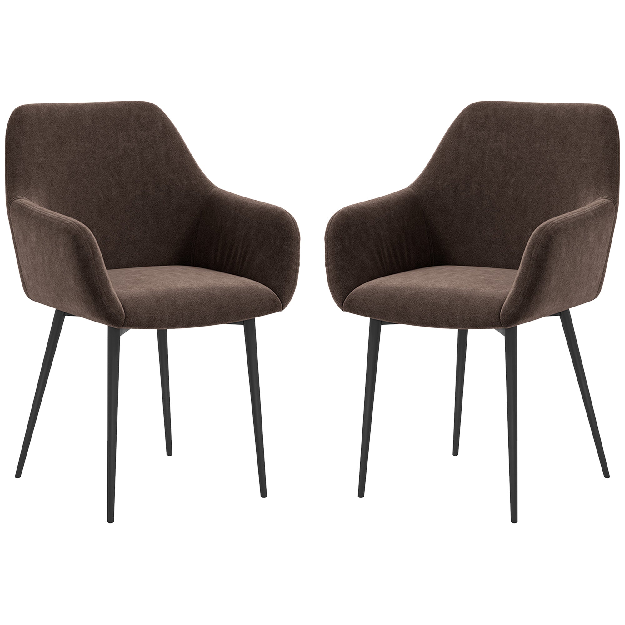 Set of 2 Upholstered Nordic Style Dining Chairs, Fabric Kitchen Chairs, Armchair with Armrests and Steel Legs for Living Room, 54x57x80 cm, Brown