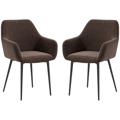 Set of 2 Upholstered Nordic Style Dining Chairs, Fabric Kitchen Chairs, Armchair with Armrests and Steel Legs for Living Room, 54x57x80 cm, Brown