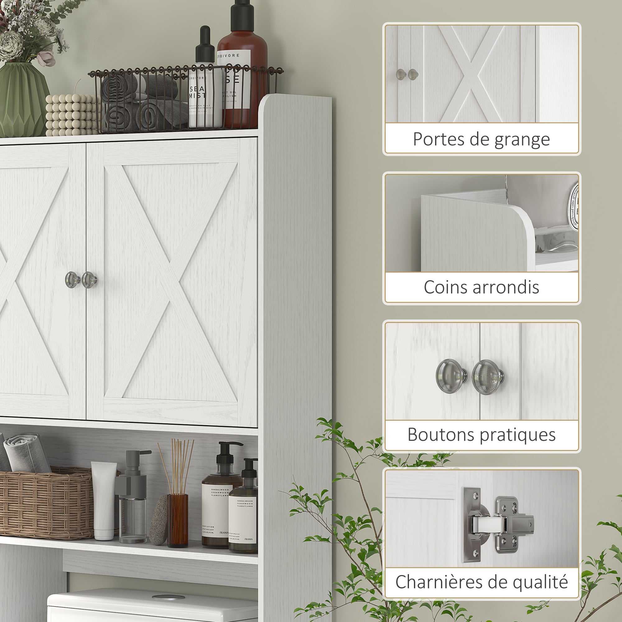 Over-The-Toilet Cabinet Bathroom Storage Toilet WC Cabinet with Barn Door, Adjustable Shelf, Open Compartments, and Toilet Paper Holder, 81.5x19.6x172cm, White