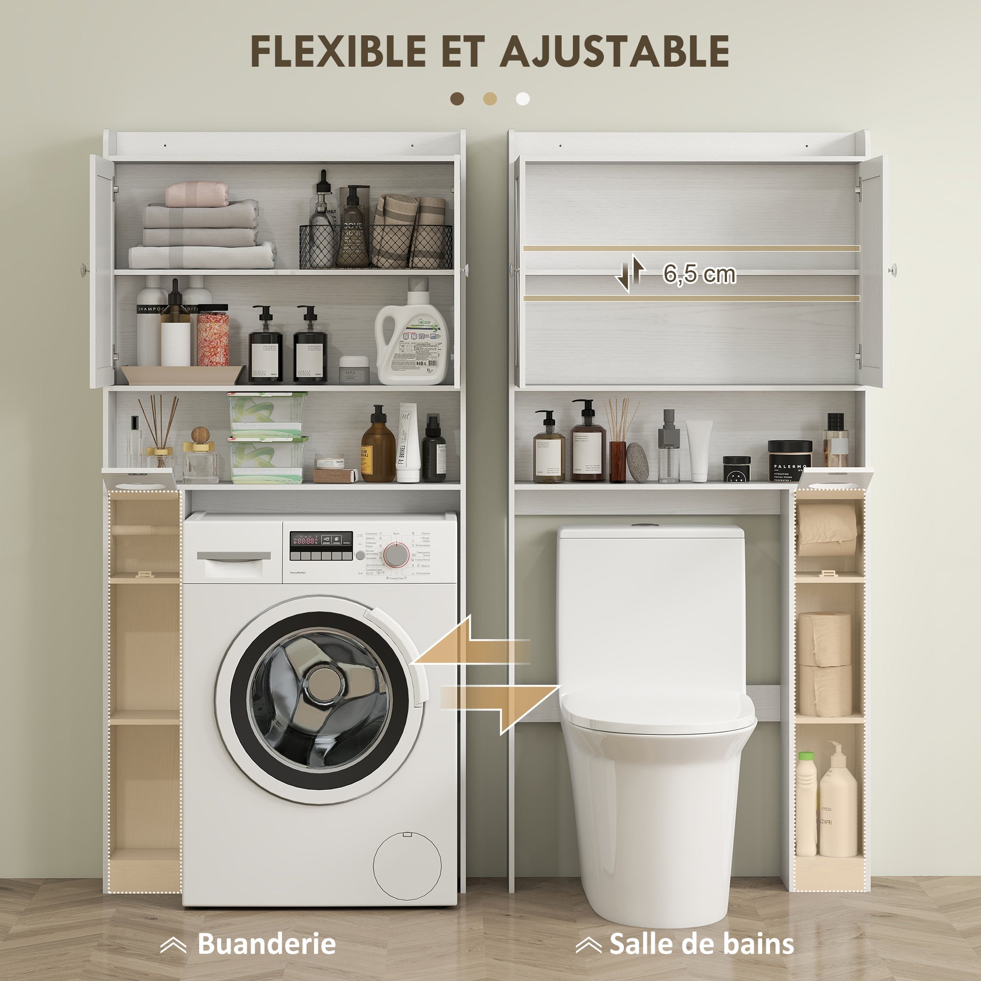 Over-The-Toilet Cabinet Bathroom Storage Toilet WC Cabinet with Barn Door, Adjustable Shelf, Open Compartments, and Toilet Paper Holder, 81.5x19.6x172cm, White