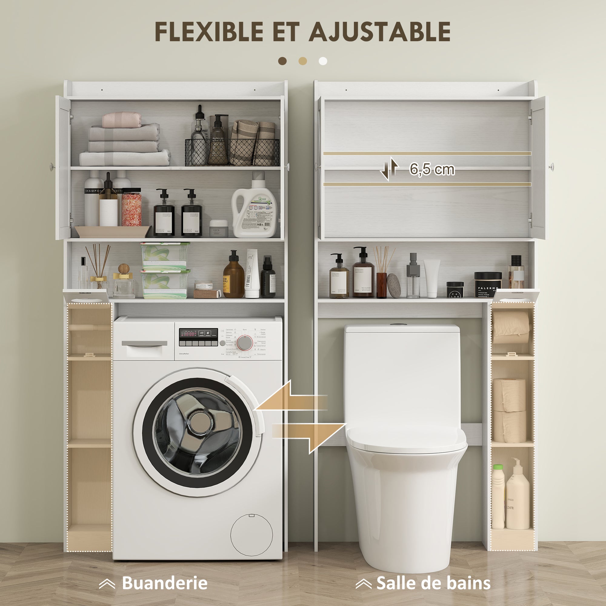 Over-The-Toilet Cabinet Bathroom Storage Toilet WC Cabinet with Barn Door, Adjustable Shelf, Open Compartments, and Toilet Paper Holder, 81.5x19.6x172cm, White