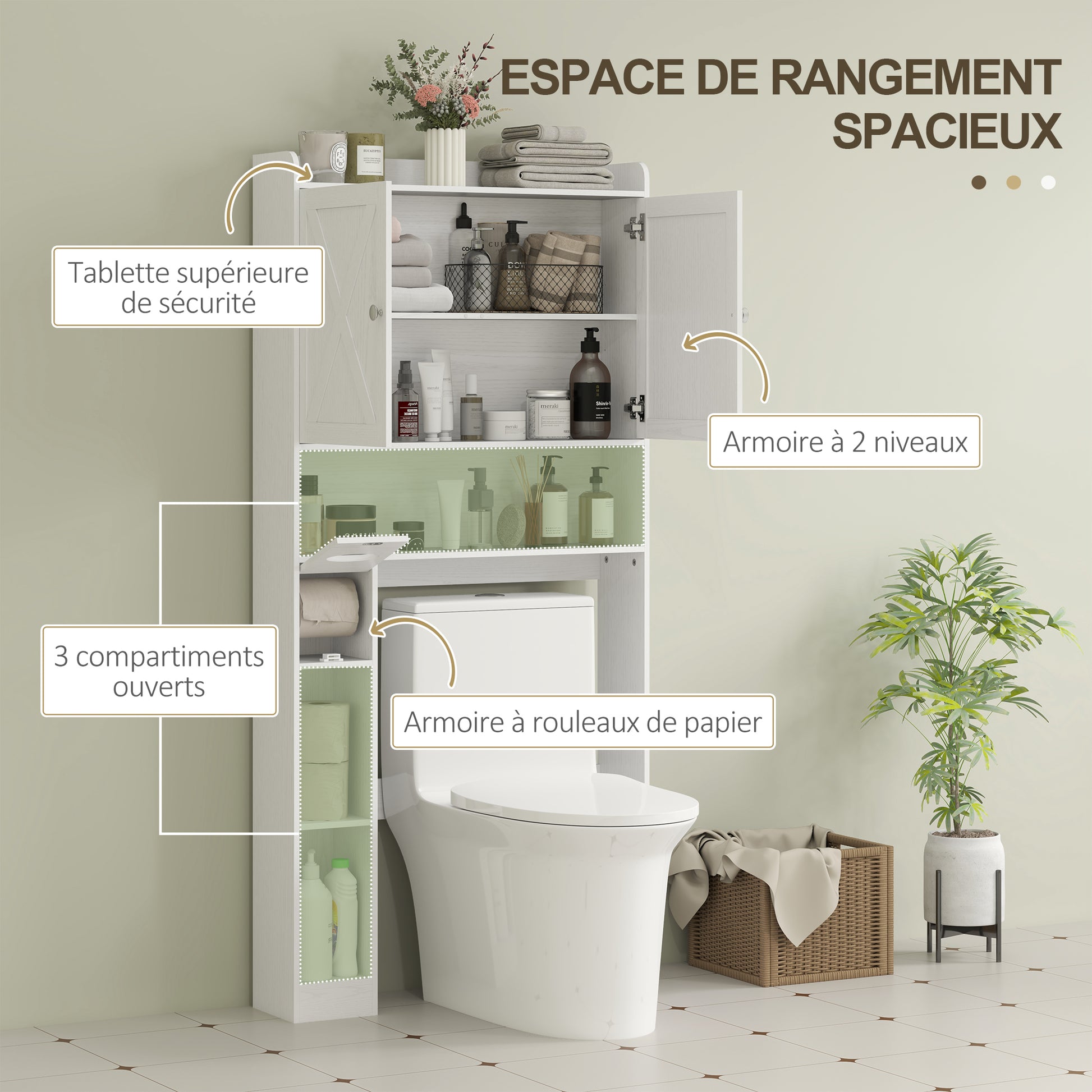 Over-The-Toilet Cabinet Bathroom Storage Toilet WC Cabinet with Barn Door, Adjustable Shelf, Open Compartments, and Toilet Paper Holder, 81.5x19.6x172cm, White