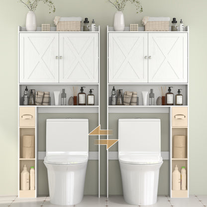 Over-The-Toilet Cabinet Bathroom Storage Toilet WC Cabinet with Barn Door, Adjustable Shelf, Open Compartments, and Toilet Paper Holder, 81.5x19.6x172cm, White