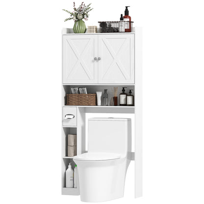 Over-The-Toilet Cabinet Bathroom Storage Toilet WC Cabinet with Barn Door, Adjustable Shelf, Open Compartments, and Toilet Paper Holder, 81.5x19.6x172cm, White