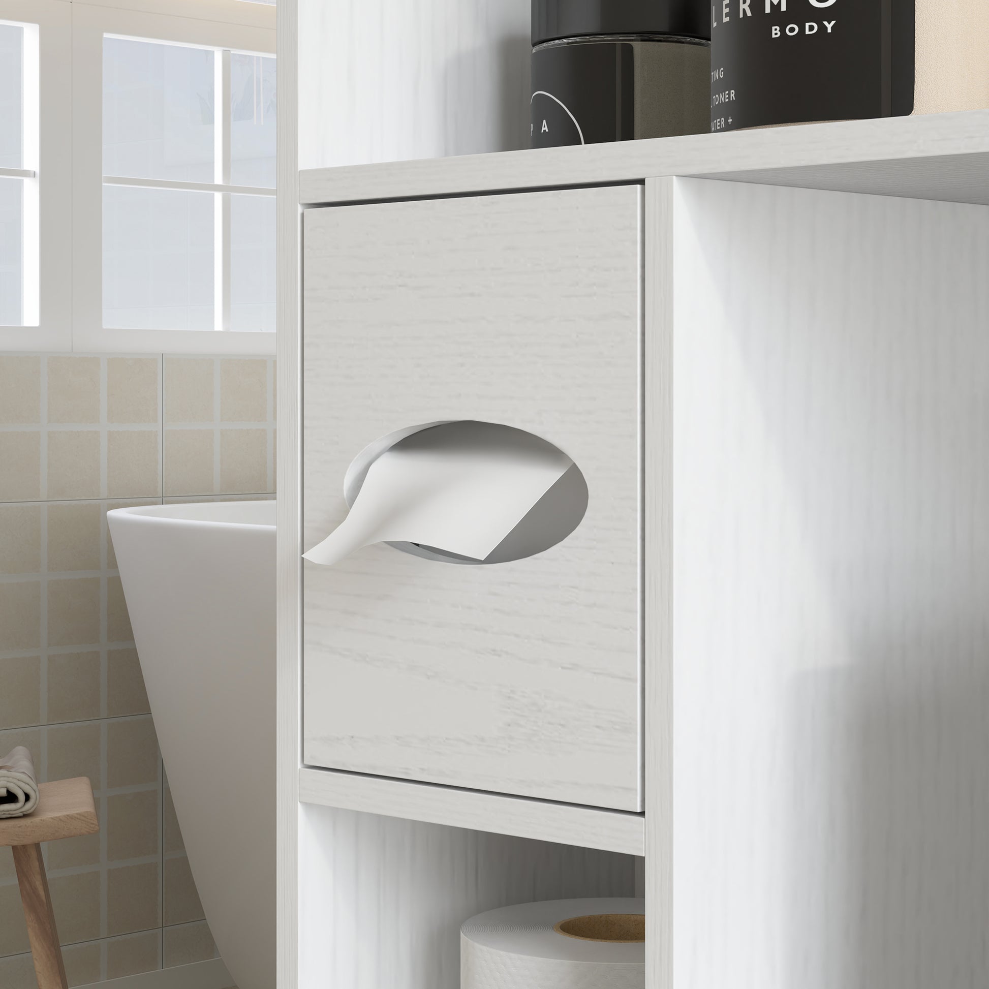 Over-The-Toilet Cabinet Bathroom Storage Toilet WC Cabinet with Barn Door, Adjustable Shelf, Open Compartments, and Toilet Paper Holder, 81.5x19.6x172cm, White