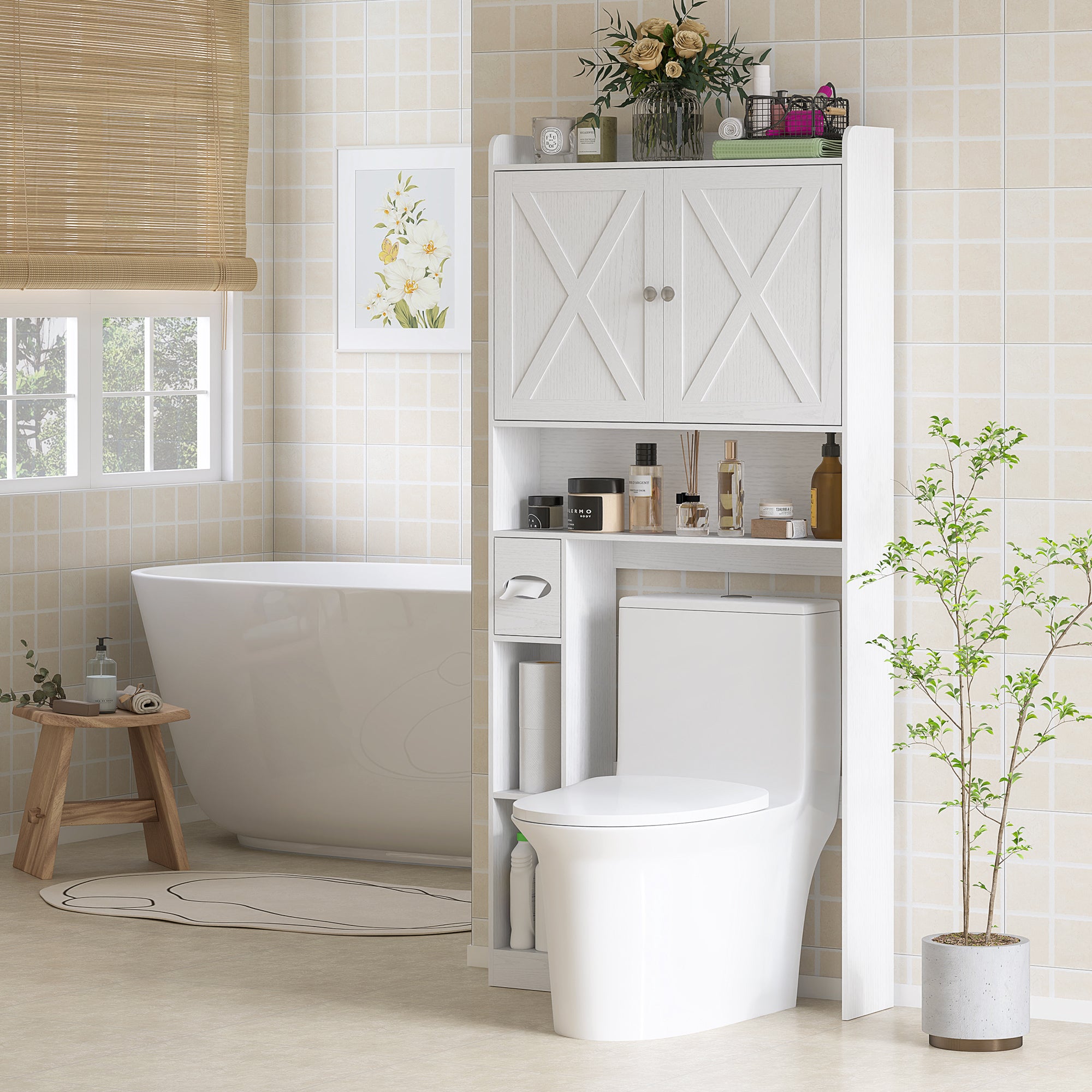 Over-The-Toilet Cabinet Bathroom Storage Toilet WC Cabinet with Barn Door, Adjustable Shelf, Open Compartments, and Toilet Paper Holder, 81.5x19.6x172cm, White