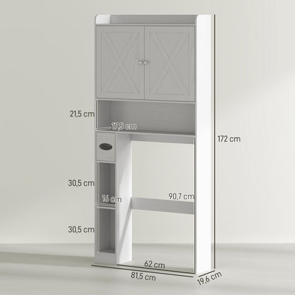 Over-The-Toilet Cabinet Bathroom Storage Toilet WC Cabinet with Barn Door, Adjustable Shelf, Open Compartments, and Toilet Paper Holder, 81.5x19.6x172cm, White