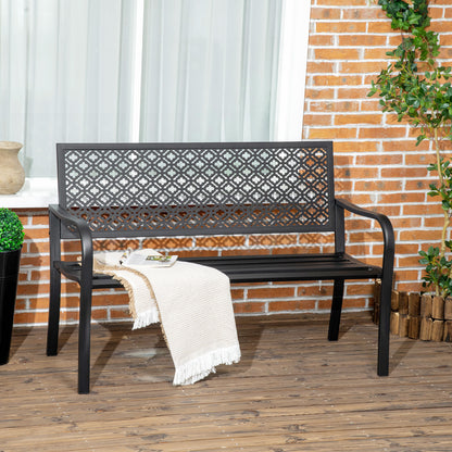 Steel Garden Bench, 2-Seater Park Bench with Backrest & Armrest, Bench with Flower Pattern, for Garden, Balcony, max. 240 kg, Black, 127 x 63 x 83 cm