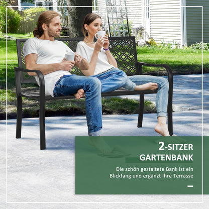 Steel Garden Bench, 2-Seater Park Bench with Backrest & Armrest, Bench with Flower Pattern, for Garden, Balcony, max. 240 kg, Black, 127 x 63 x 83 cm