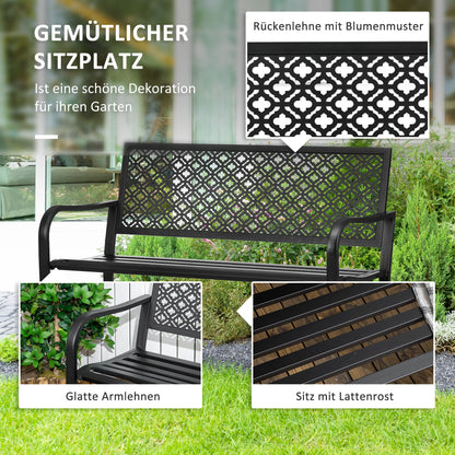 Steel Garden Bench, 2-Seater Park Bench with Backrest & Armrest, Bench with Flower Pattern, for Garden, Balcony, max. 240 kg, Black, 127 x 63 x 83 cm