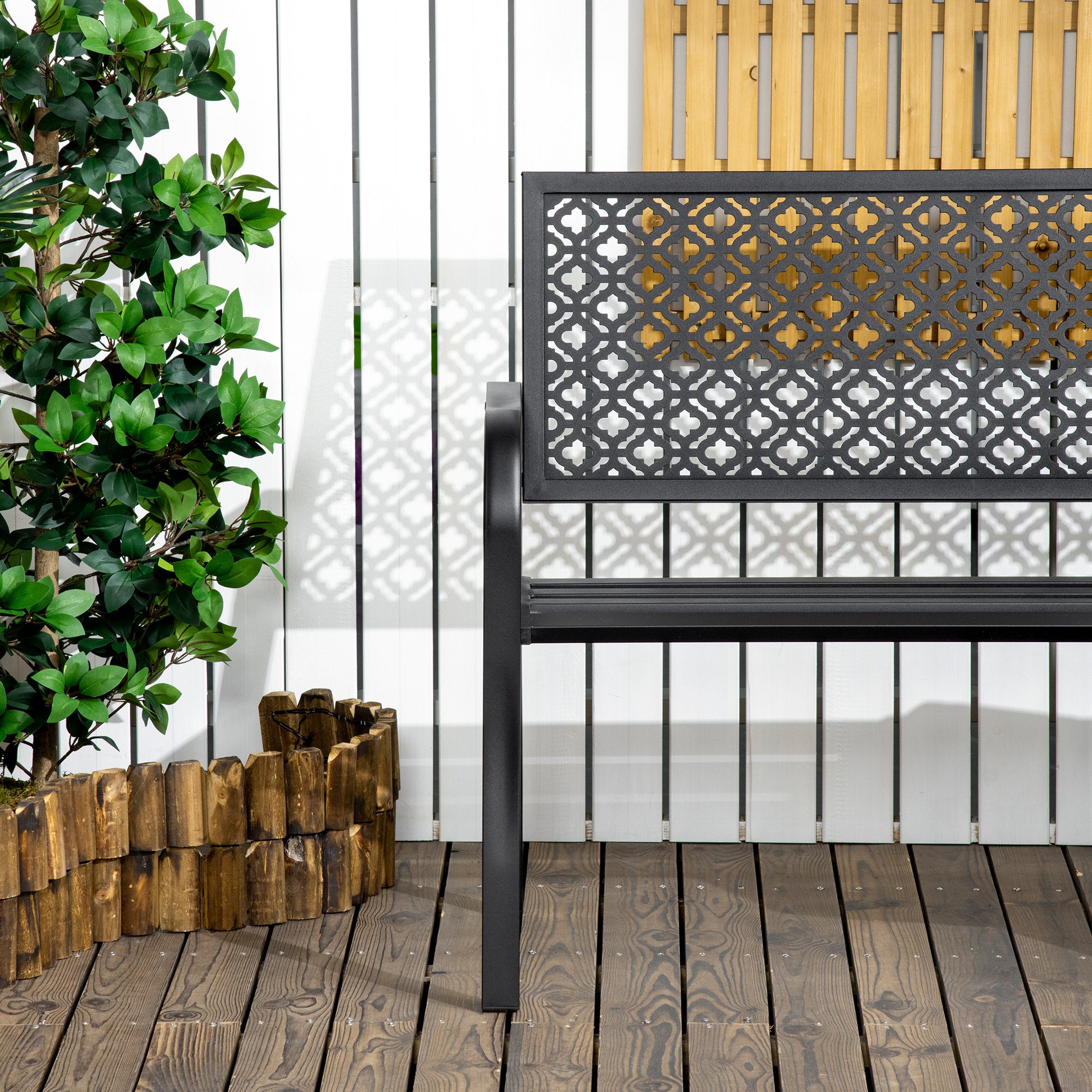 Steel Garden Bench, 2-Seater Park Bench with Backrest & Armrest, Bench with Flower Pattern, for Garden, Balcony, max. 240 kg, Black, 127 x 63 x 83 cm