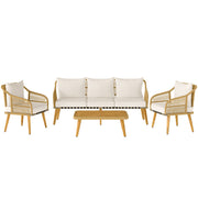 Outdoor Rattan Garden Set with Cushions, Weather-Resistant Terrace Furniture Set with 2 Armchairs 3-Seater Sofa Acacia Wood Legs Natural