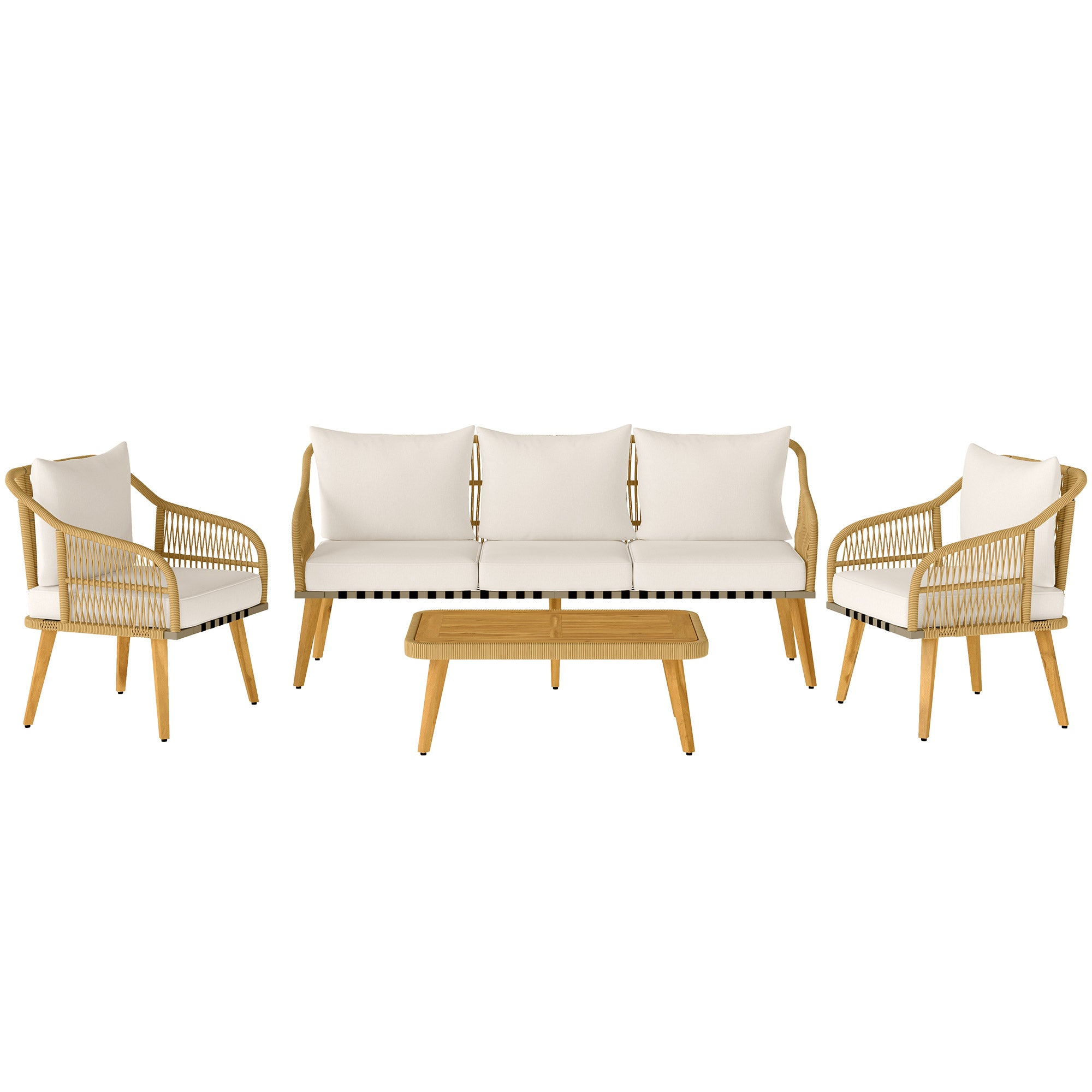 Outdoor Rattan Garden Set with Cushions, Weather-Resistant Terrace Furniture Set with 2 Armchairs 3-Seater Sofa Acacia Wood Legs Natural