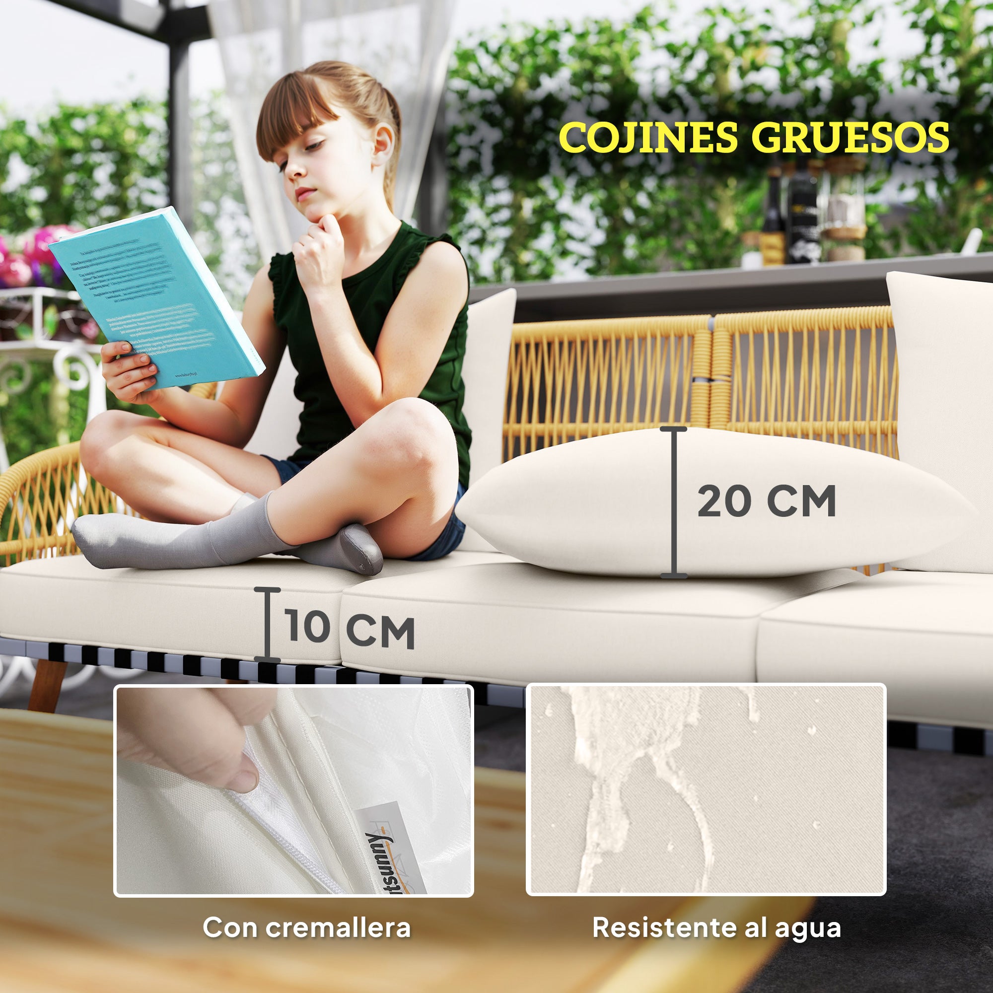 Outdoor Rattan Garden Set with Cushions, Weather-Resistant Terrace Furniture Set with 2 Armchairs 3-Seater Sofa Acacia Wood Legs Natural