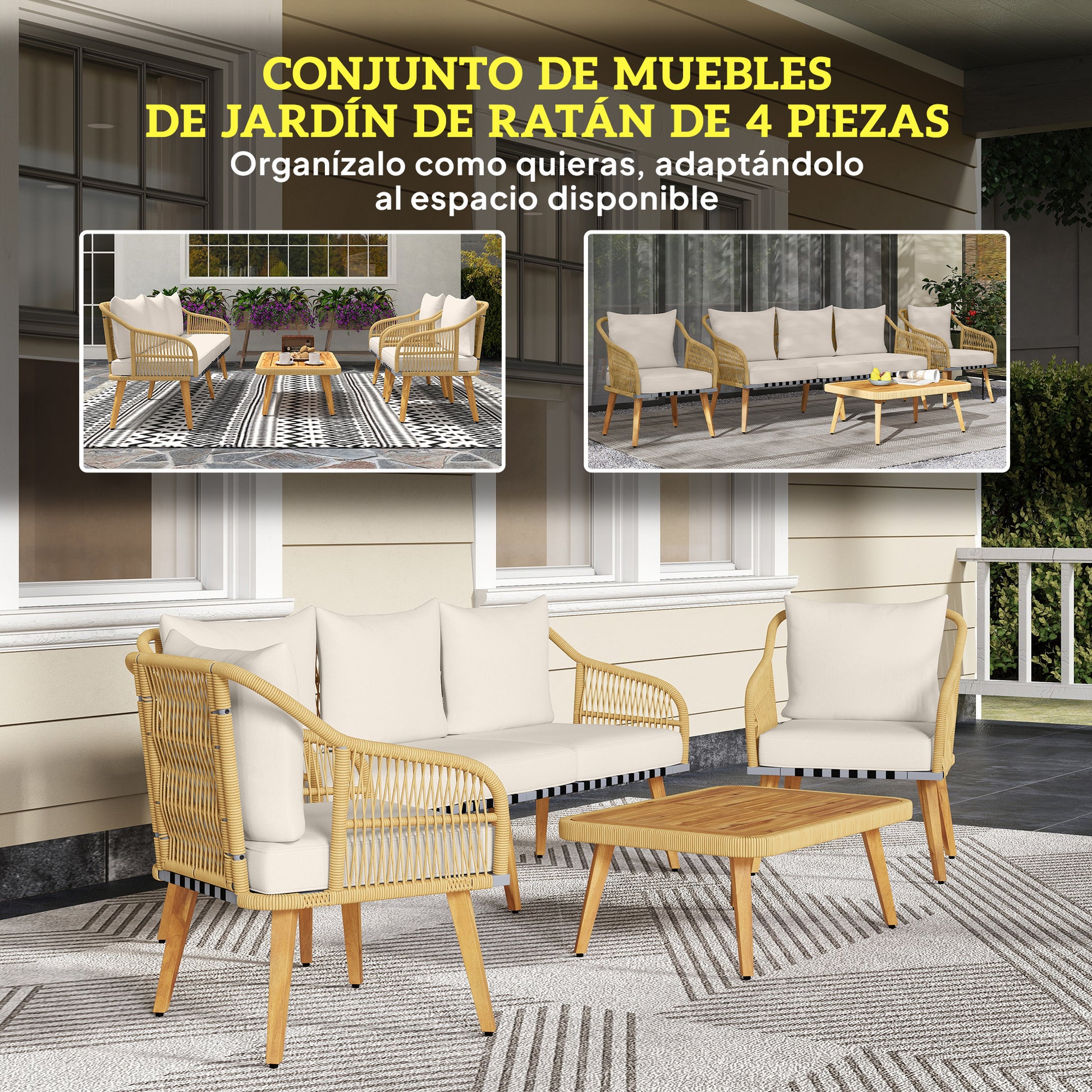 Outdoor Rattan Garden Set with Cushions, Weather-Resistant Terrace Furniture Set with 2 Armchairs 3-Seater Sofa Acacia Wood Legs Natural