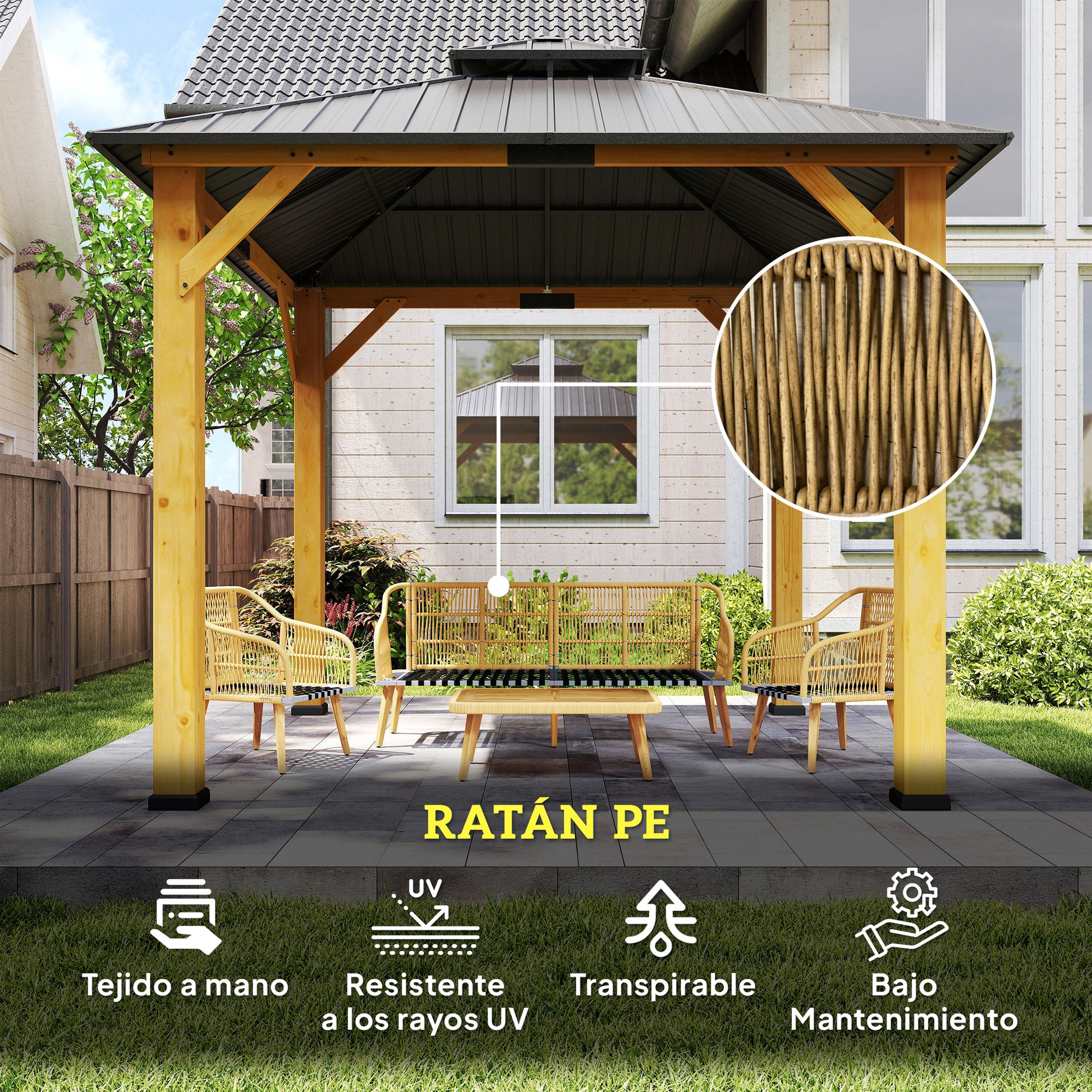Outdoor Rattan Garden Set with Cushions, Weather-Resistant Terrace Furniture Set with 2 Armchairs 3-Seater Sofa Acacia Wood Legs Natural