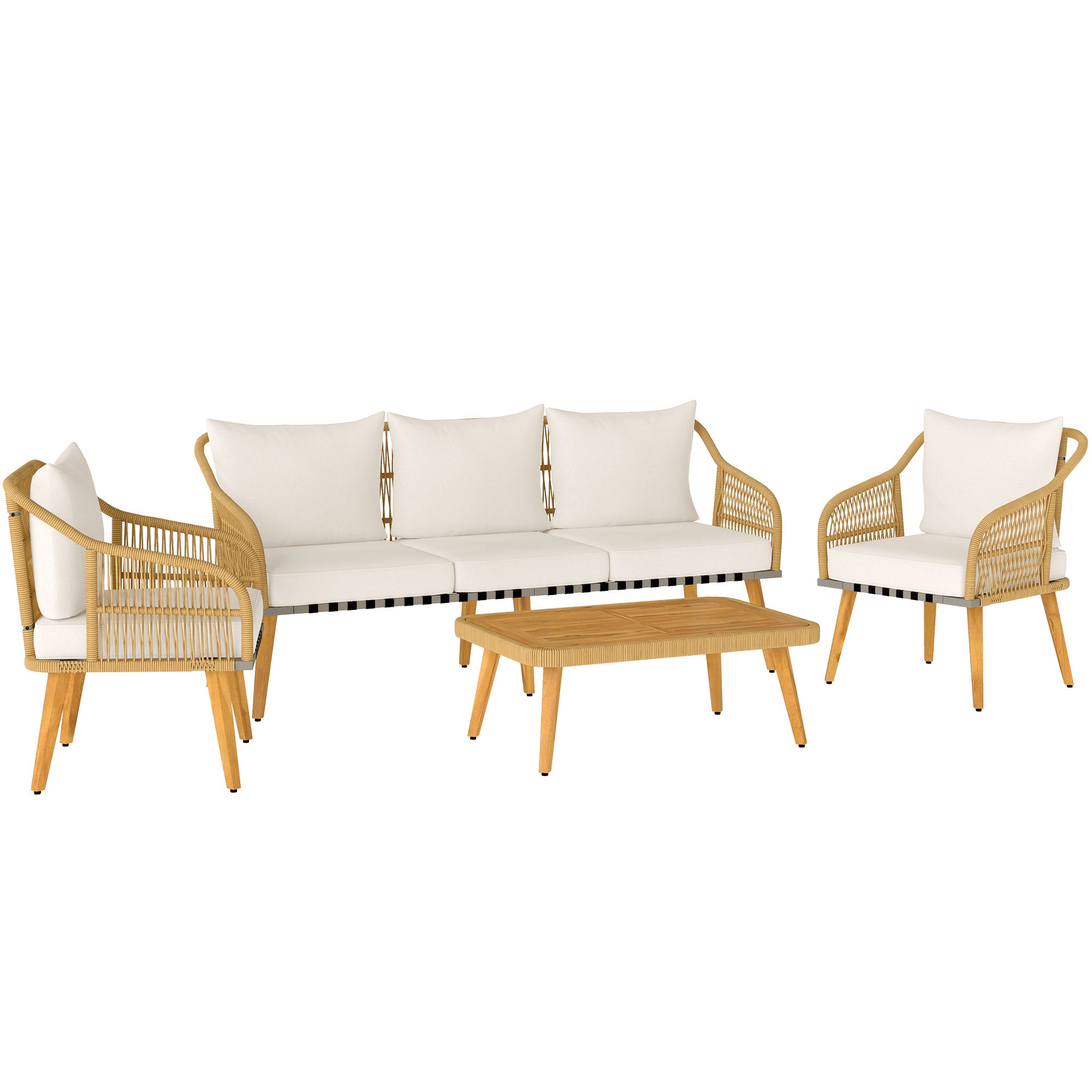 Outdoor Rattan Garden Set with Cushions, Weather-Resistant Terrace Furniture Set with 2 Armchairs 3-Seater Sofa Acacia Wood Legs Natural