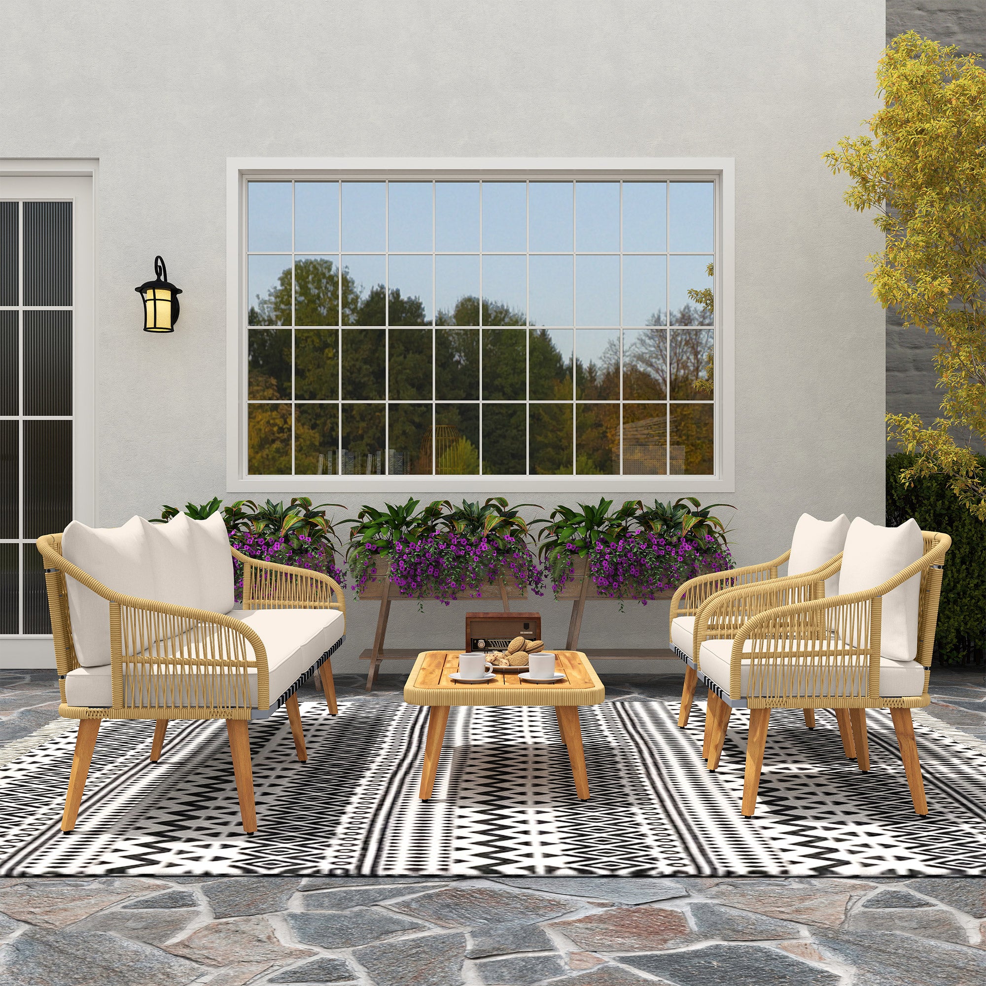 Outdoor Rattan Garden Set with Cushions, Weather-Resistant Terrace Furniture Set with 2 Armchairs 3-Seater Sofa Acacia Wood Legs Natural