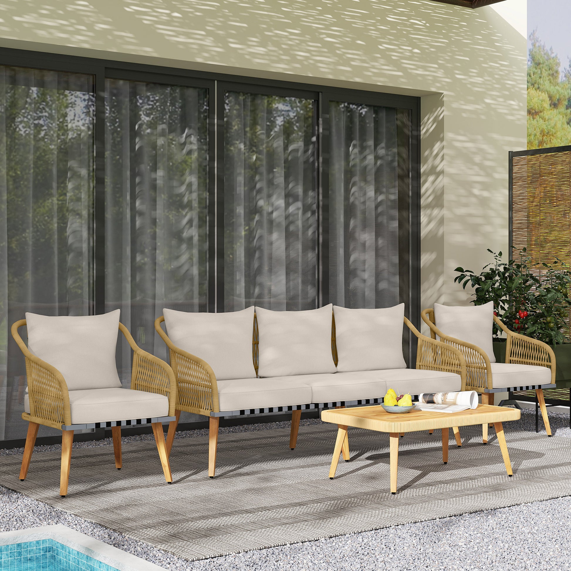 Outdoor Rattan Garden Set with Cushions, Weather-Resistant Terrace Furniture Set with 2 Armchairs 3-Seater Sofa Acacia Wood Legs Natural