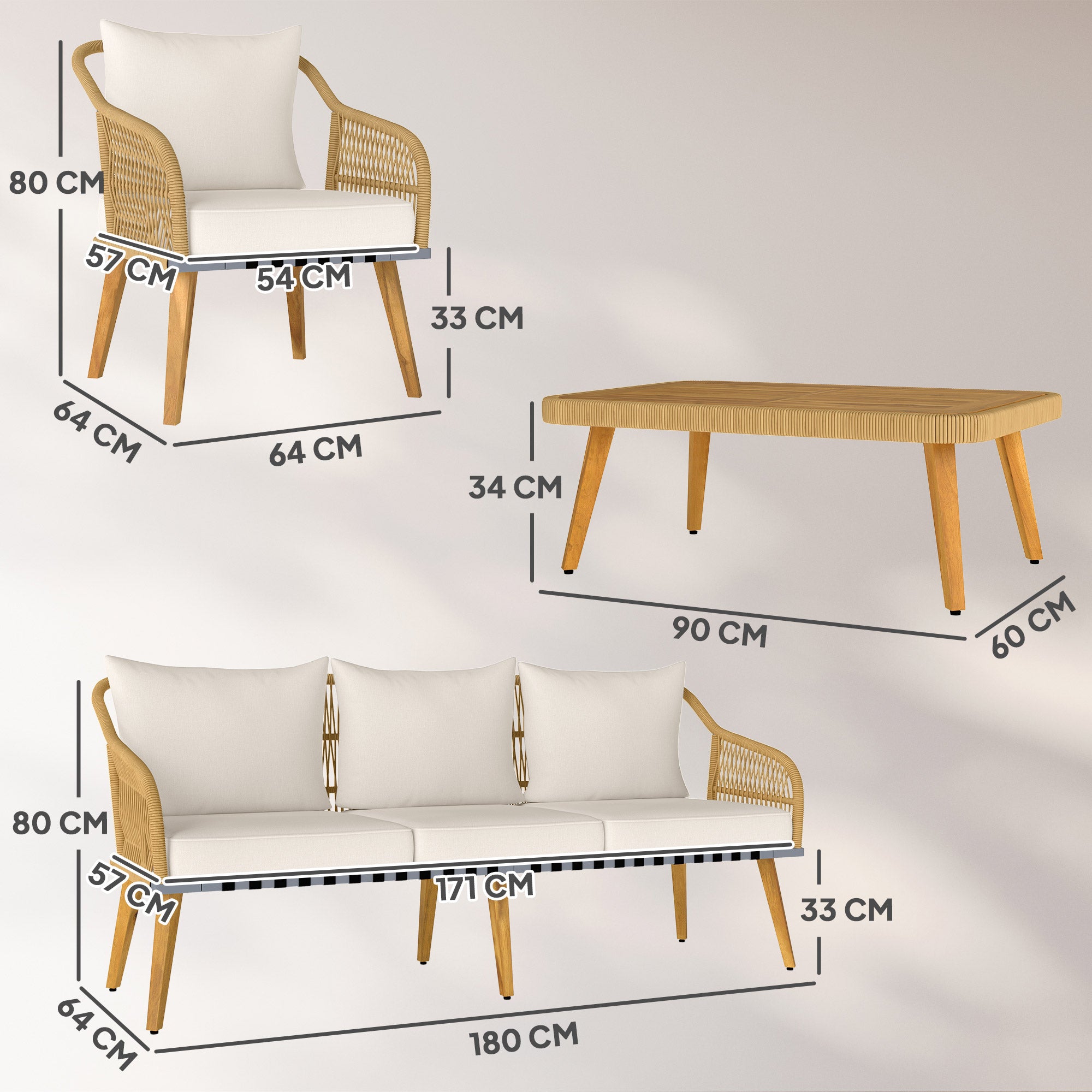 Outdoor Rattan Garden Set with Cushions, Weather-Resistant Terrace Furniture Set with 2 Armchairs 3-Seater Sofa Acacia Wood Legs Natural