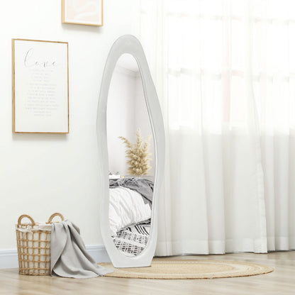 Full-Length Mirror, 160 x 50 cm Irregular Wavy Floor Mirror with Velvety Frame Cover, Large Wall Mirror, Dressing Mirror for Living Room, Bedroom, Wardrobe, Hallway, White