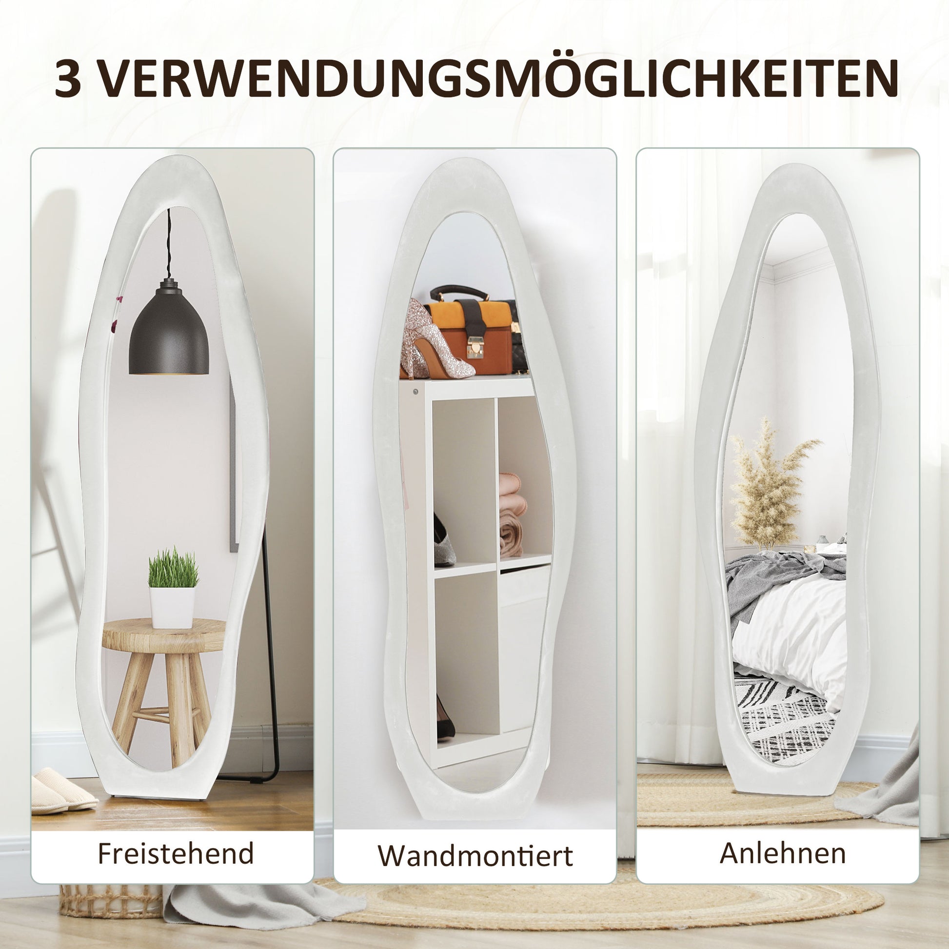 Full-Length Mirror, 160 x 50 cm Irregular Wavy Floor Mirror with Velvety Frame Cover, Large Wall Mirror, Dressing Mirror for Living Room, Bedroom, Wardrobe, Hallway, White
