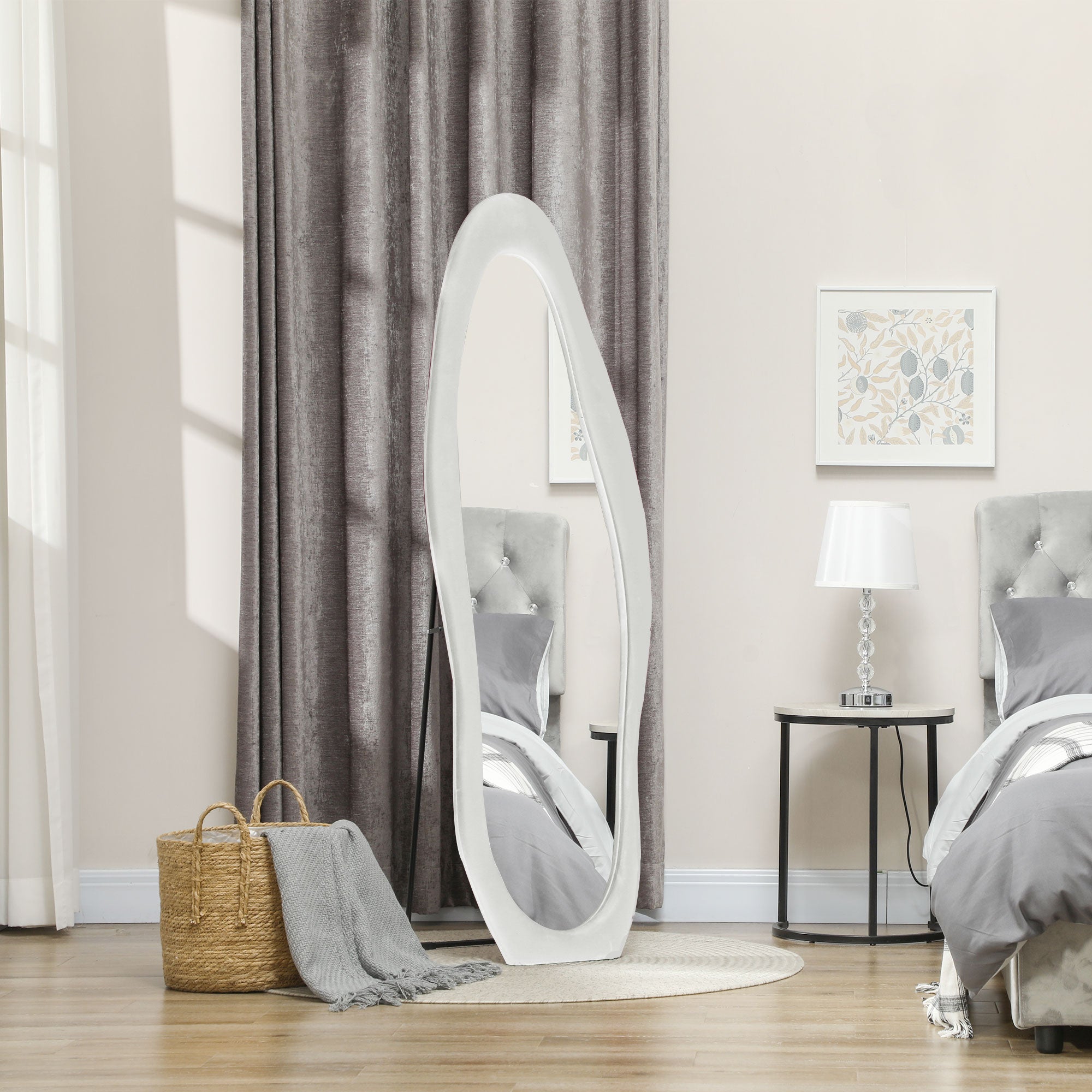 Full-Length Mirror, 160 x 50 cm Irregular Wavy Floor Mirror with Velvety Frame Cover, Large Wall Mirror, Dressing Mirror for Living Room, Bedroom, Wardrobe, Hallway, White