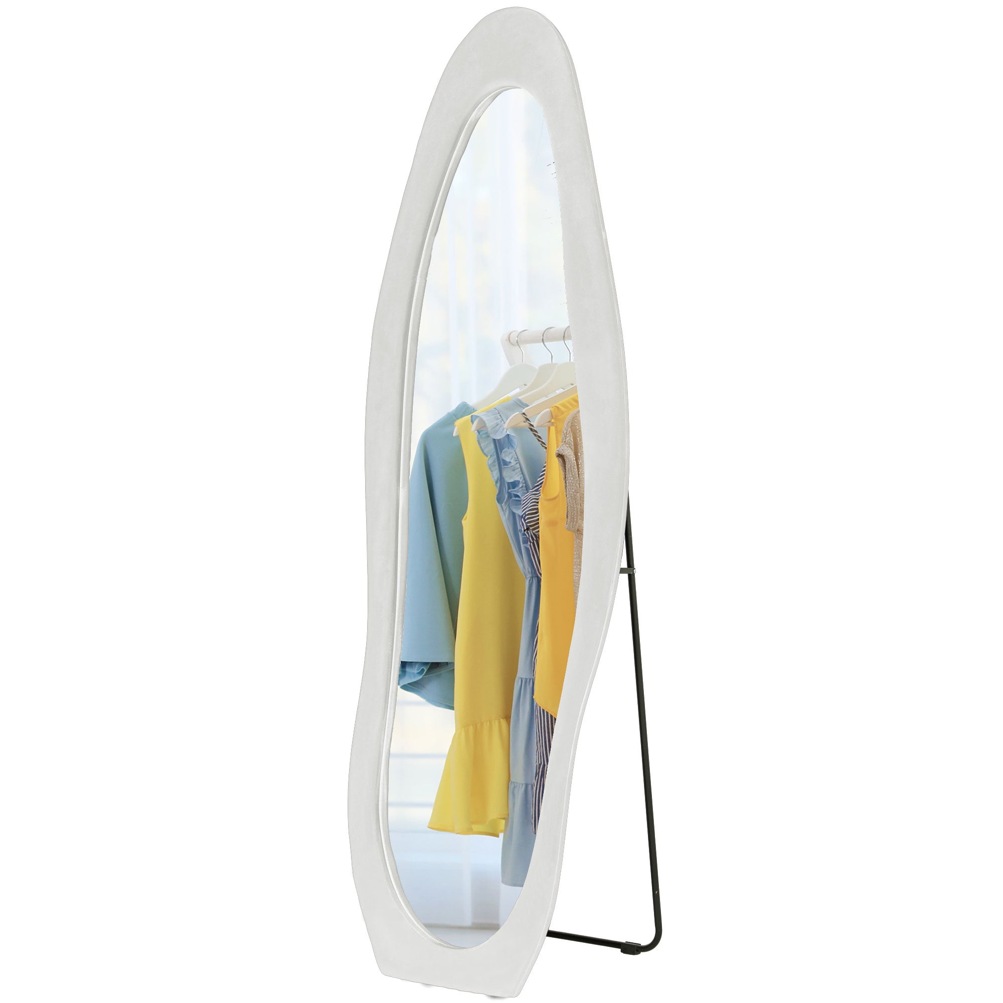 Full-Length Mirror, 160 x 50 cm Irregular Wavy Floor Mirror with Velvety Frame Cover, Large Wall Mirror, Dressing Mirror for Living Room, Bedroom, Wardrobe, Hallway, White