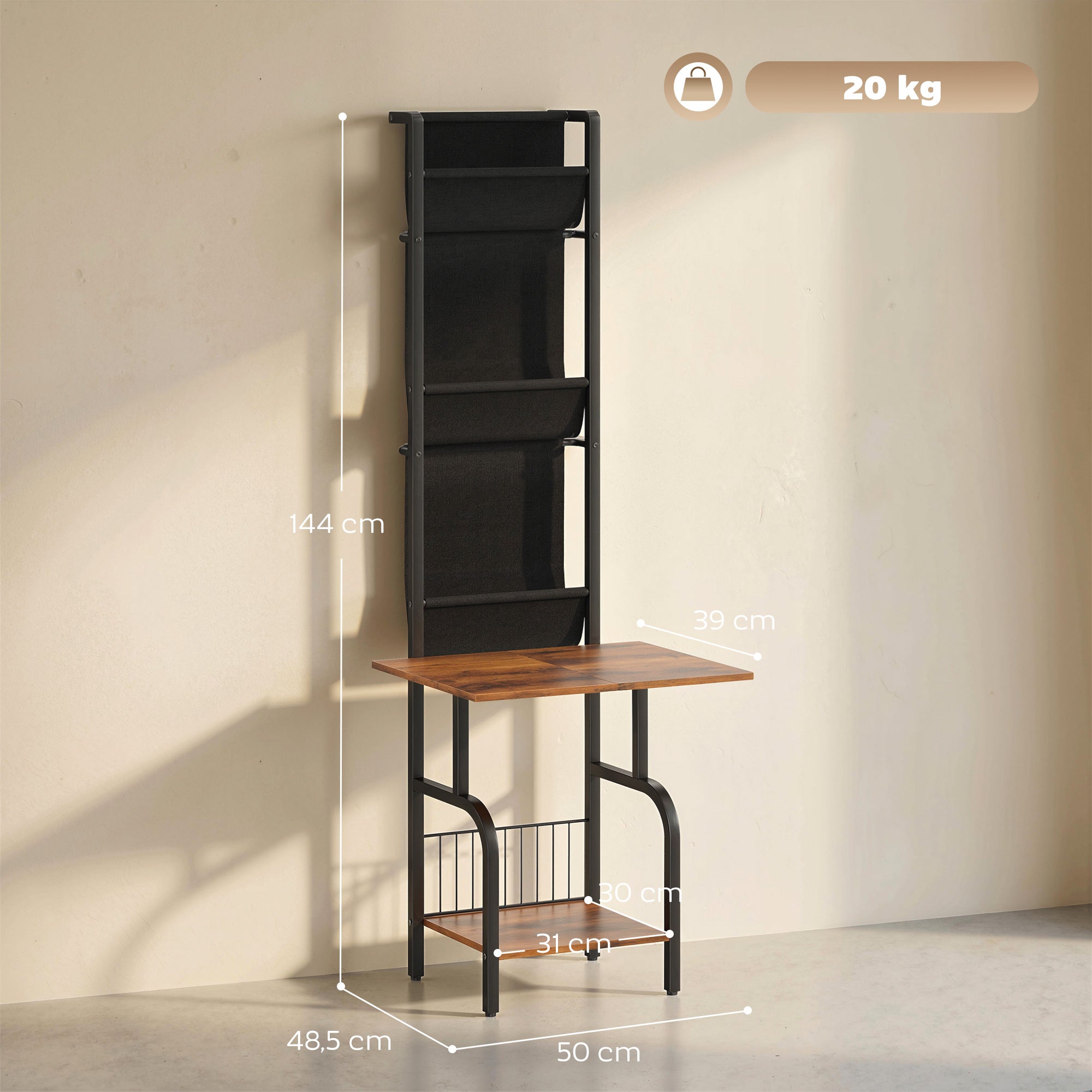 CD/DVD/Blu-ray Rack with 3 Fabric Pockets & Table — Industrial Media Shelf, Rustic Brown/Black (19.7 x 19.1 x 56.7 in)