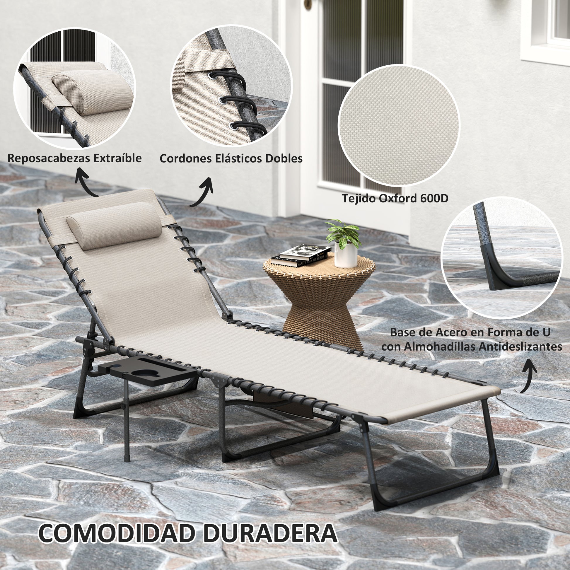 Foldable Sunlounger Outdoor Garden Lounger with Adjustable Backrest Headrest Side Pocket Tray Steel Frame 120 kg Load for Patio Pool Beach 190x60x31 cm Cream