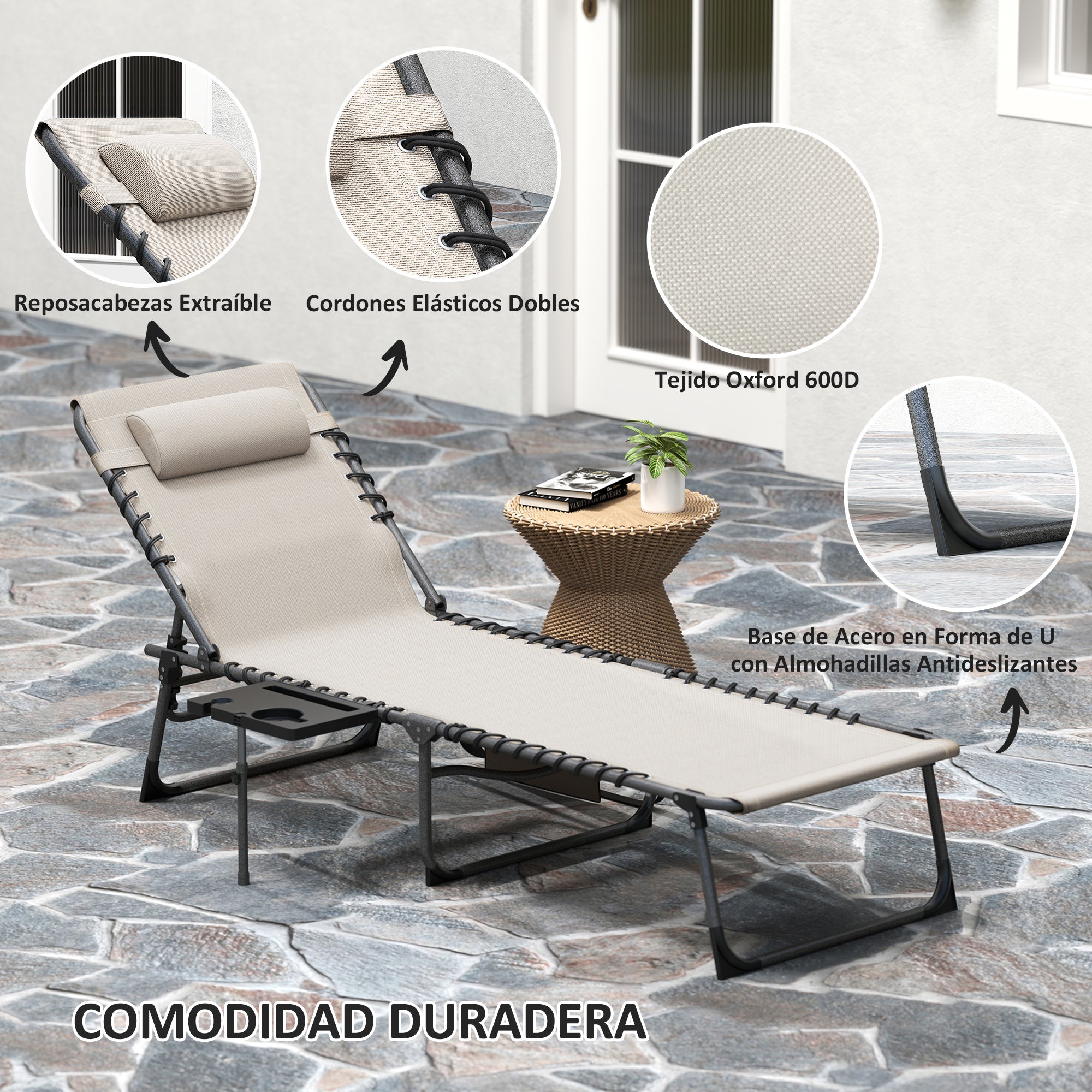 Foldable Sunlounger Outdoor Garden Lounger with Adjustable Backrest Headrest Side Pocket Tray Steel Frame 120 kg Load for Patio Pool Beach 190x60x31 cm Cream