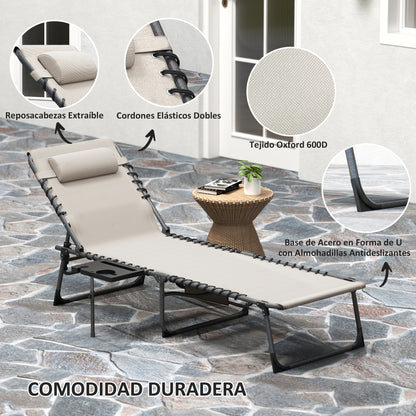 Foldable Sunlounger Outdoor Garden Lounger with Adjustable Backrest Headrest Side Pocket Tray Steel Frame 120 kg Load for Patio Pool Beach 190x60x31 cm Cream