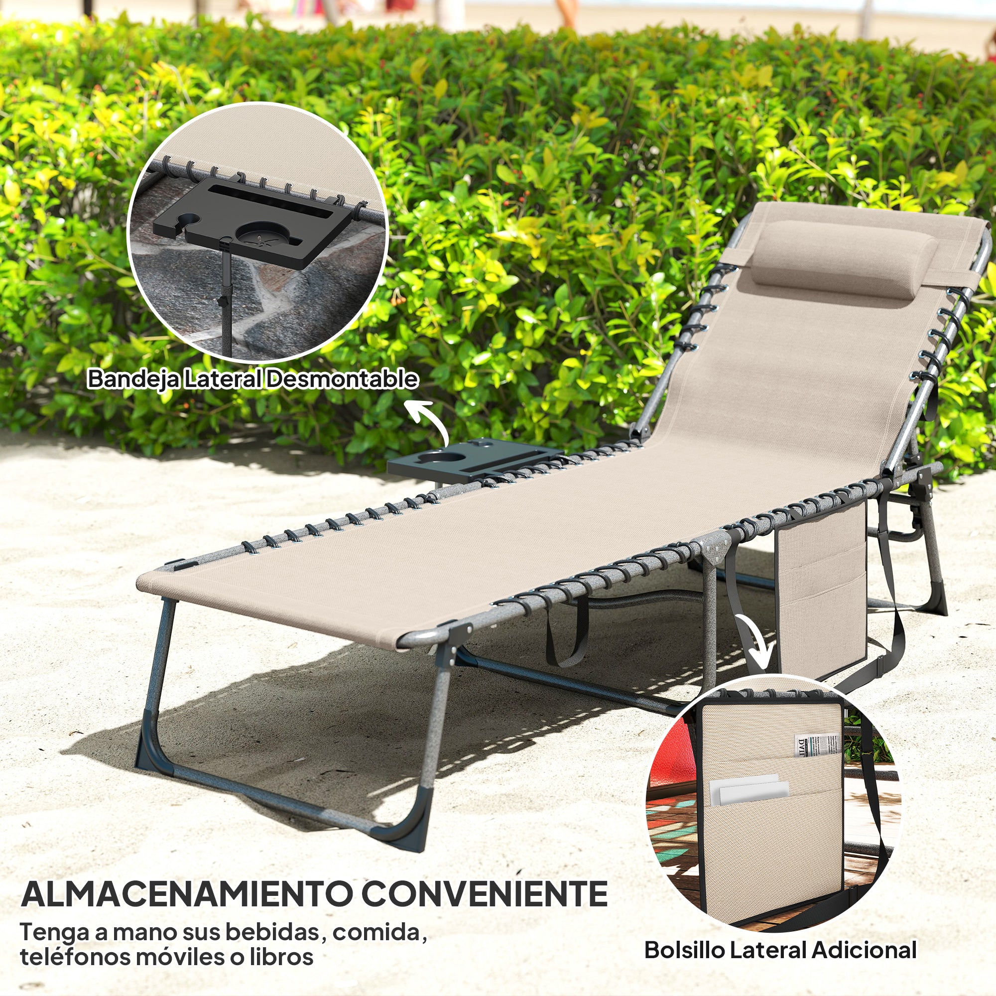 Foldable Sunlounger Outdoor Garden Lounger with Adjustable Backrest Headrest Side Pocket Tray Steel Frame 120 kg Load for Patio Pool Beach 190x60x31 cm Cream