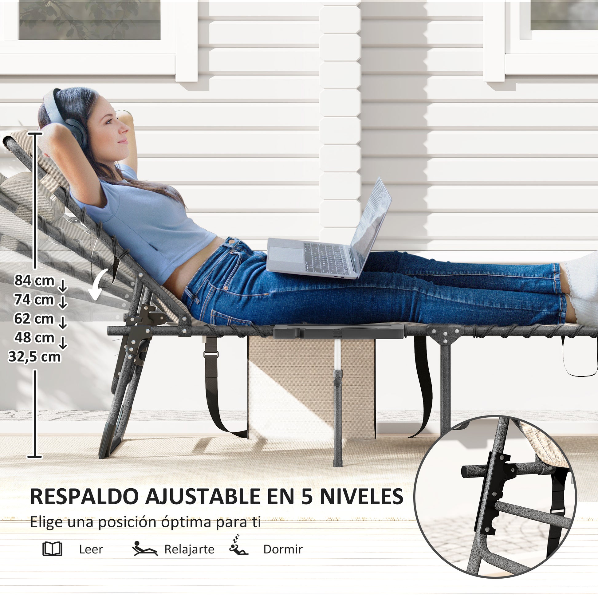 Foldable Sunlounger Outdoor Garden Lounger with Adjustable Backrest Headrest Side Pocket Tray Steel Frame 120 kg Load for Patio Pool Beach 190x60x31 cm Cream