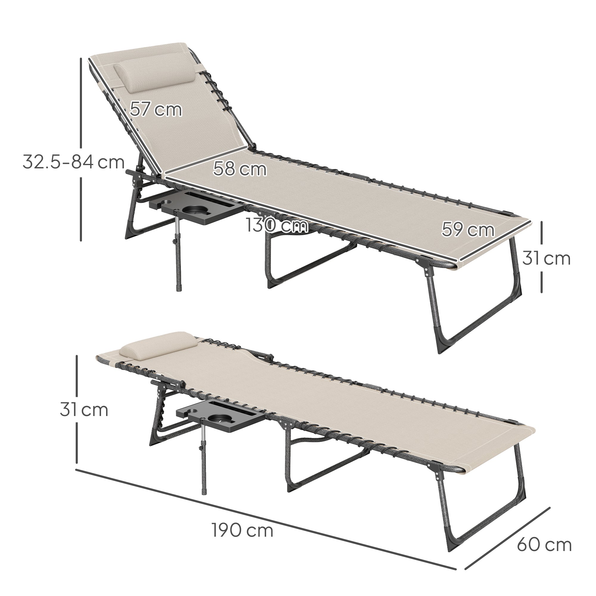 Foldable Sunlounger Outdoor Garden Lounger with Adjustable Backrest Headrest Side Pocket Tray Steel Frame 120 kg Load for Patio Pool Beach 190x60x31 cm Cream